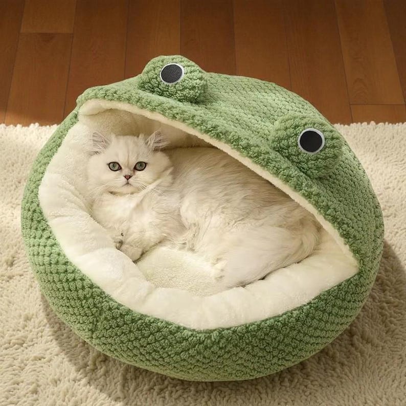 Handcrafted Knitted Frog Pet Bed, Cozy Cat Cave, Plush Dog House