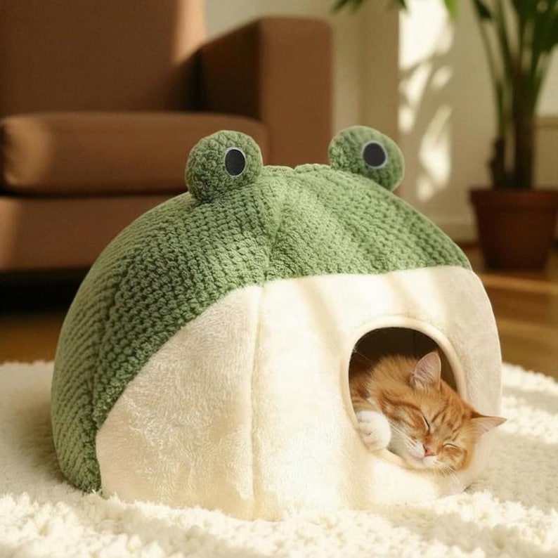 Handcrafted Knitted Frog Pet Bed, Cozy Cat Cave, Plush Dog House