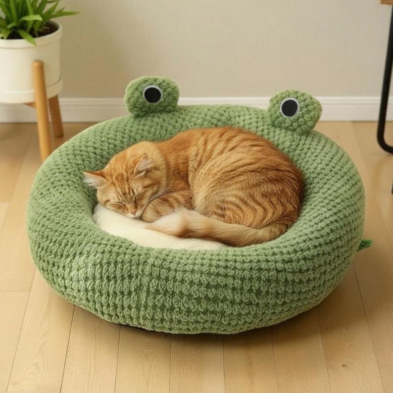Handcrafted Knitted Frog Pet Bed, Cozy Cat Cave, Plush Dog House