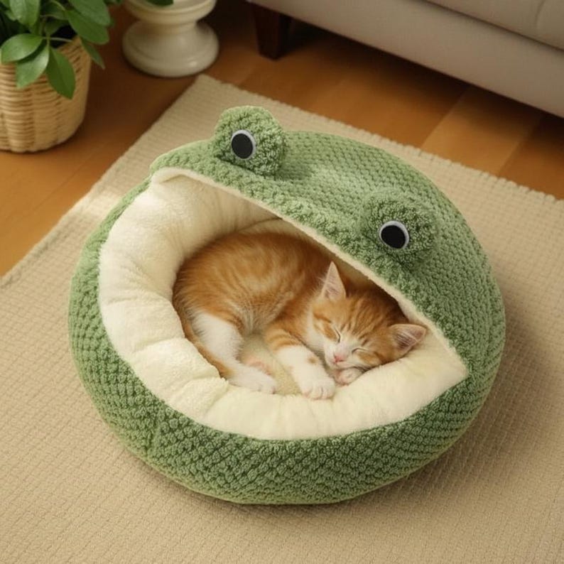 Handcrafted Knitted Frog Pet Bed, Cozy Cat Cave, Plush Dog House