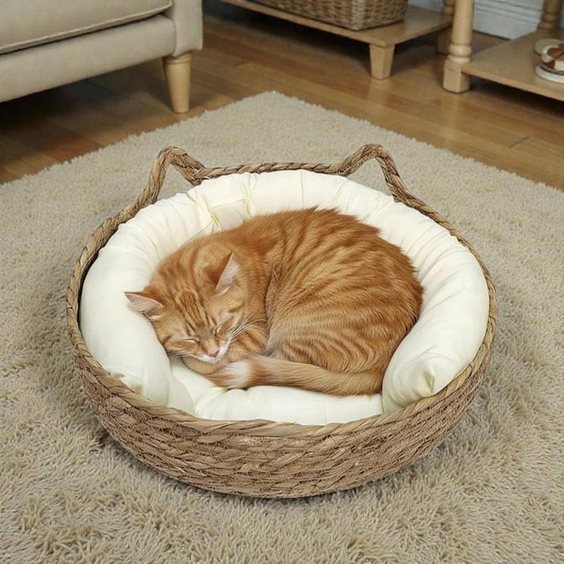 Handcrafted Rattan Woven Pet Bed, Cozy Cat Basket & Soft Dog Lounger, Soft Round Donut Design with Washable Cushion for Cats and Dogs