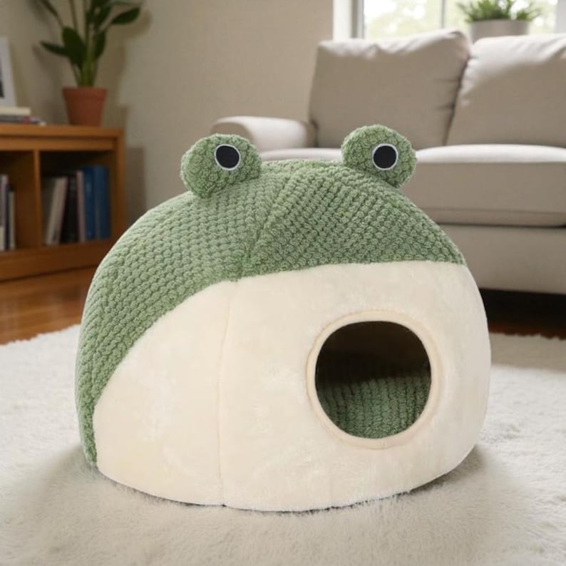 Handcrafted Knitted Frog Pet Bed, Cozy Cat Cave, Plush Dog House