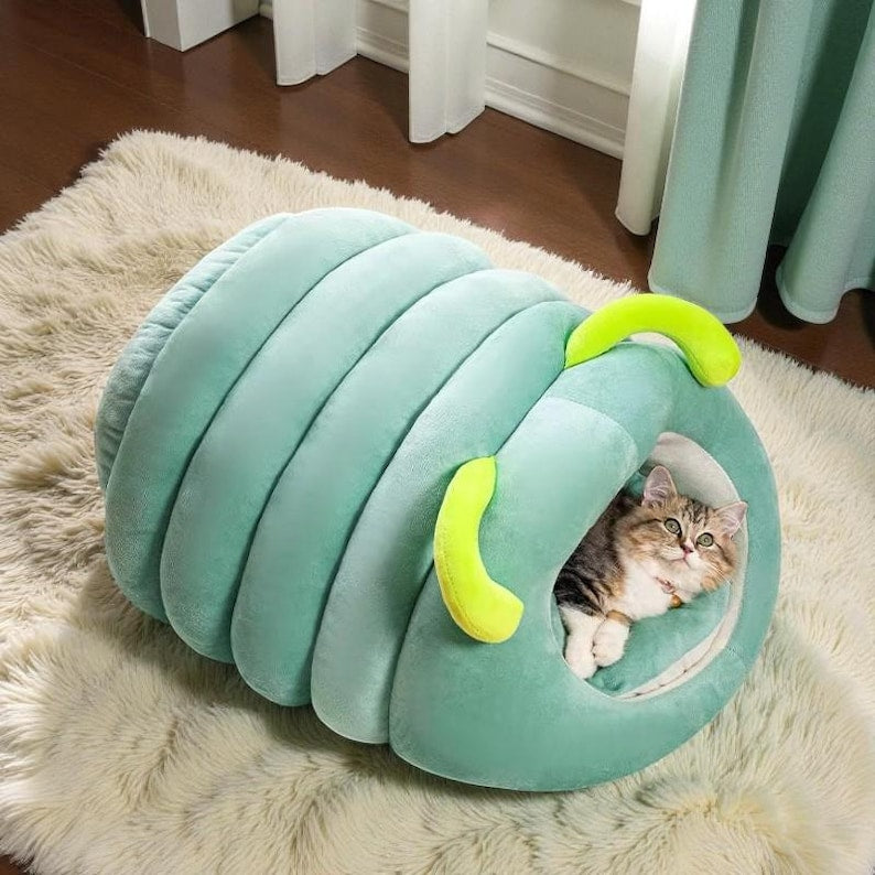 Handcrafted Caterpillar Tunnel Pet Bed, Washable Cat Den, Cozy Dog Burrow
