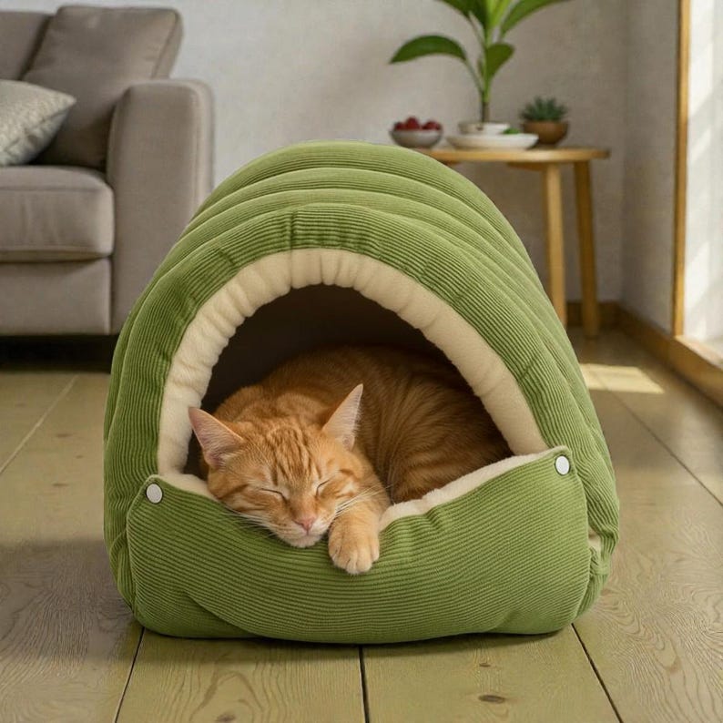 Handcrafted Ribbed Tunnel Pet Bed, Cozy Cat Pod and Soft Dog Snuggle Den