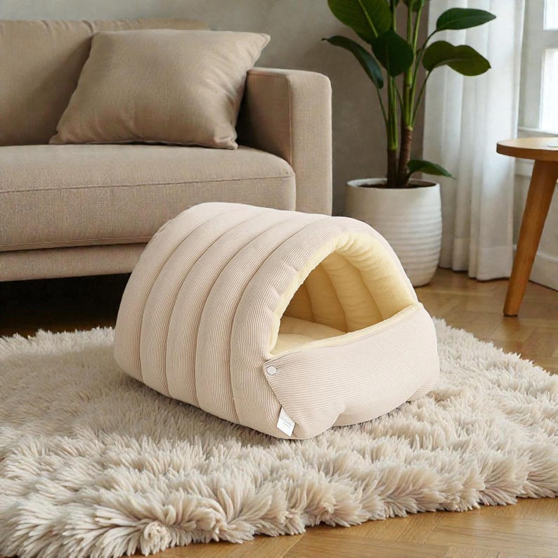 Handcrafted Ribbed Tunnel Pet Bed, Cozy Cat Pod and Soft Dog Snuggle Den