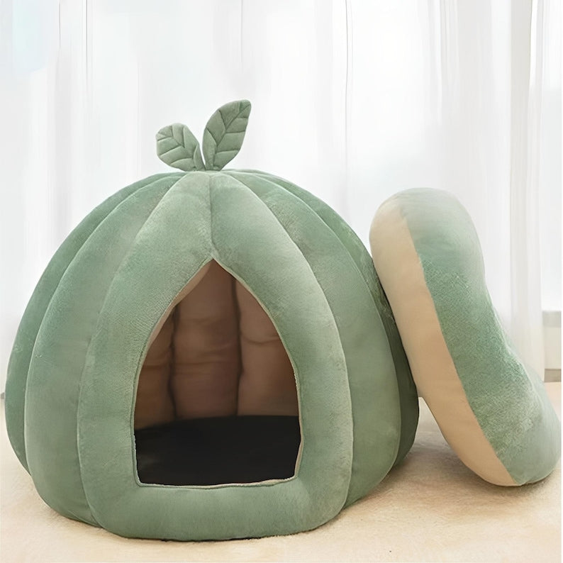 Pumpkin Shape Enclosed Cat Bed Warm Plush Thickened Washable Pet Nest House