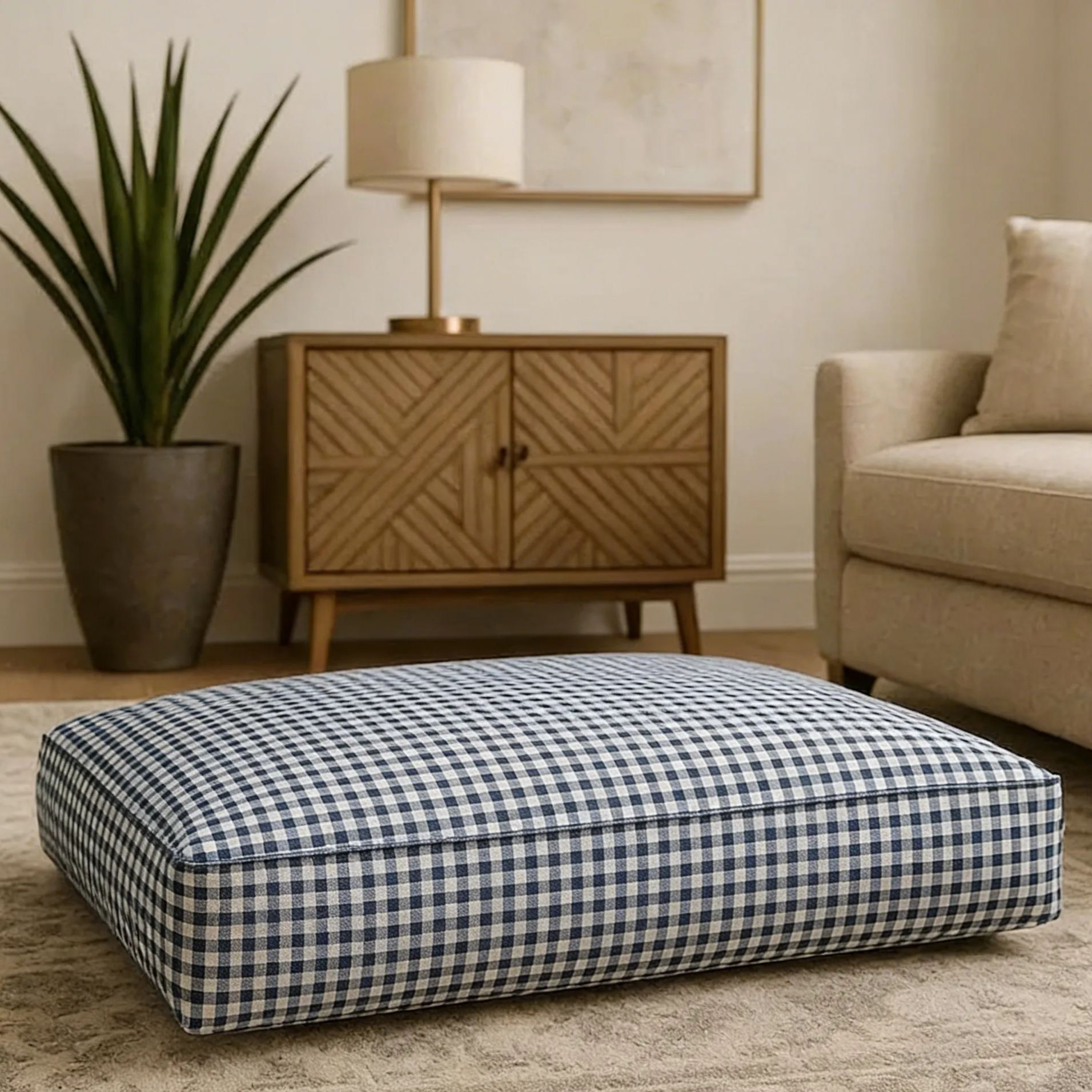 Navy Blue Fall Gingham Pet Mattress, Washable dog bed with removable washable cover. Personalized with your pet's name, premium filling