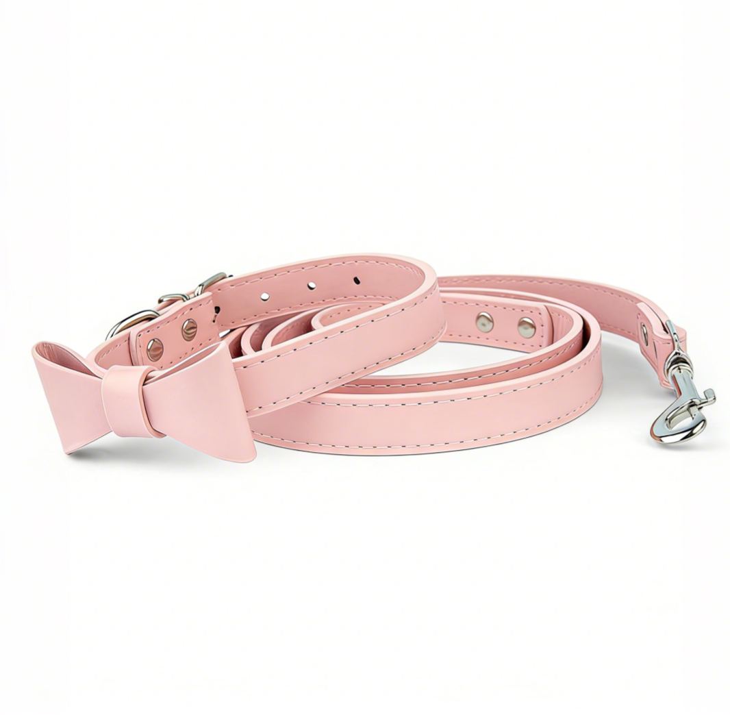 Pink Bow Dog Collar and Leash Vegan Leather