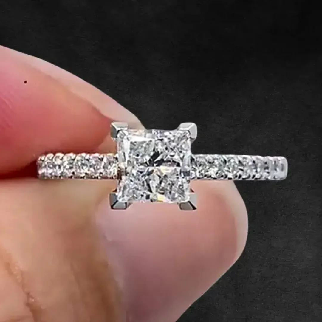 0.7 CT Princess Cut Pave Lab Grown Diamond Engagement Rings