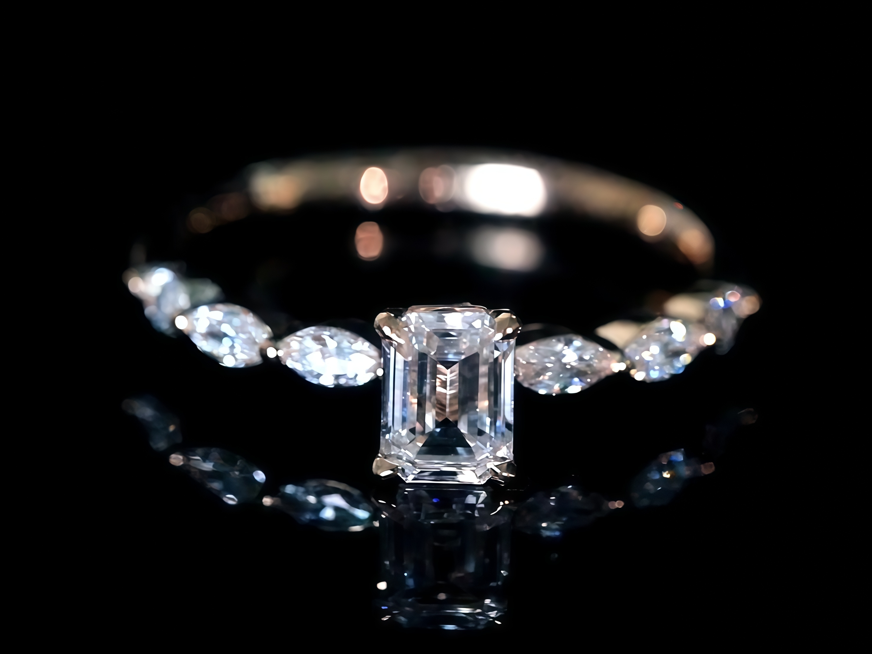 0.8CT Emerald Cut Lab Diamond Marquise Side Stone Engagement Ring