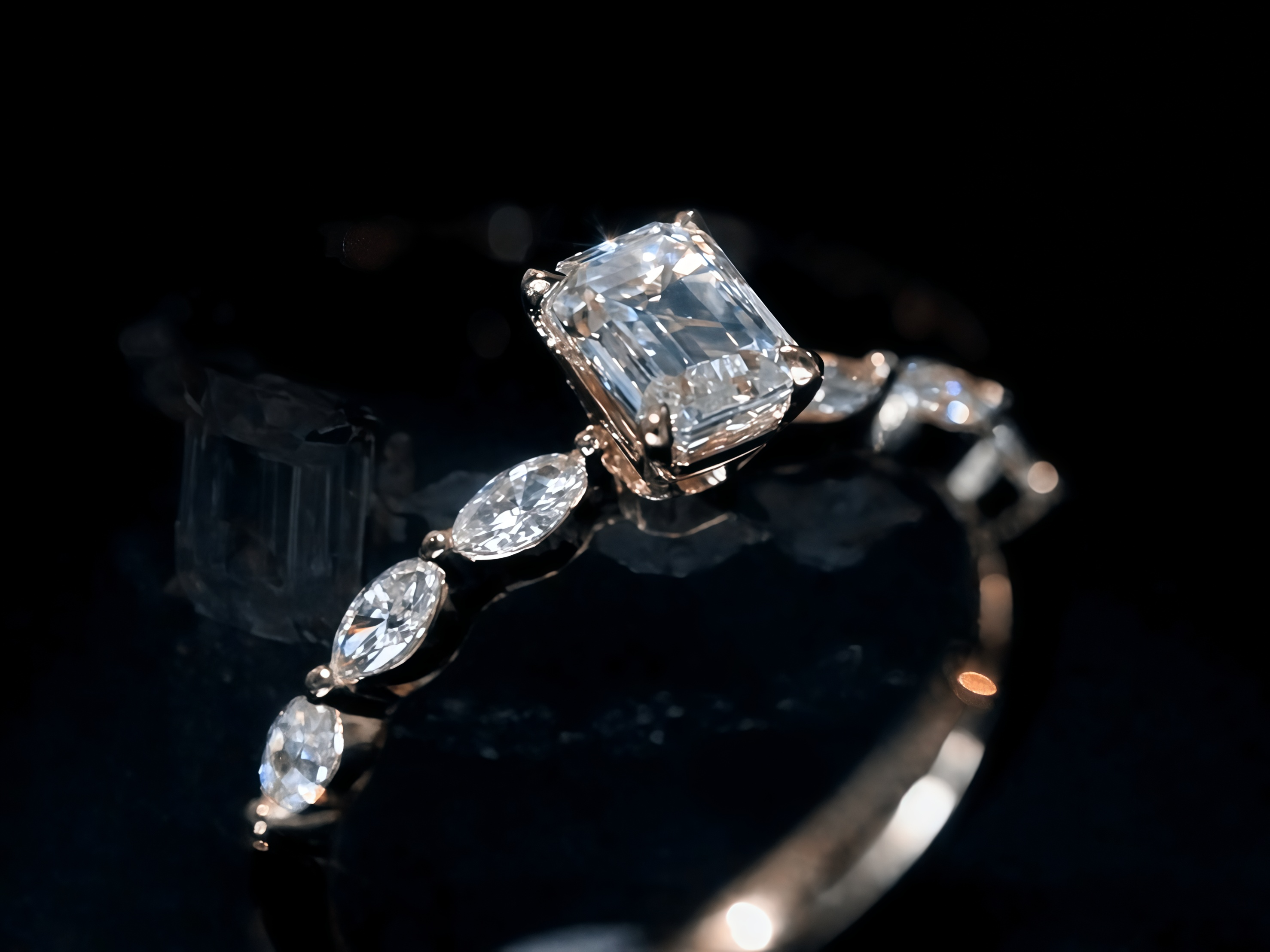 0.8CT Emerald Cut Lab Diamond Marquise Side Stone Engagement Ring