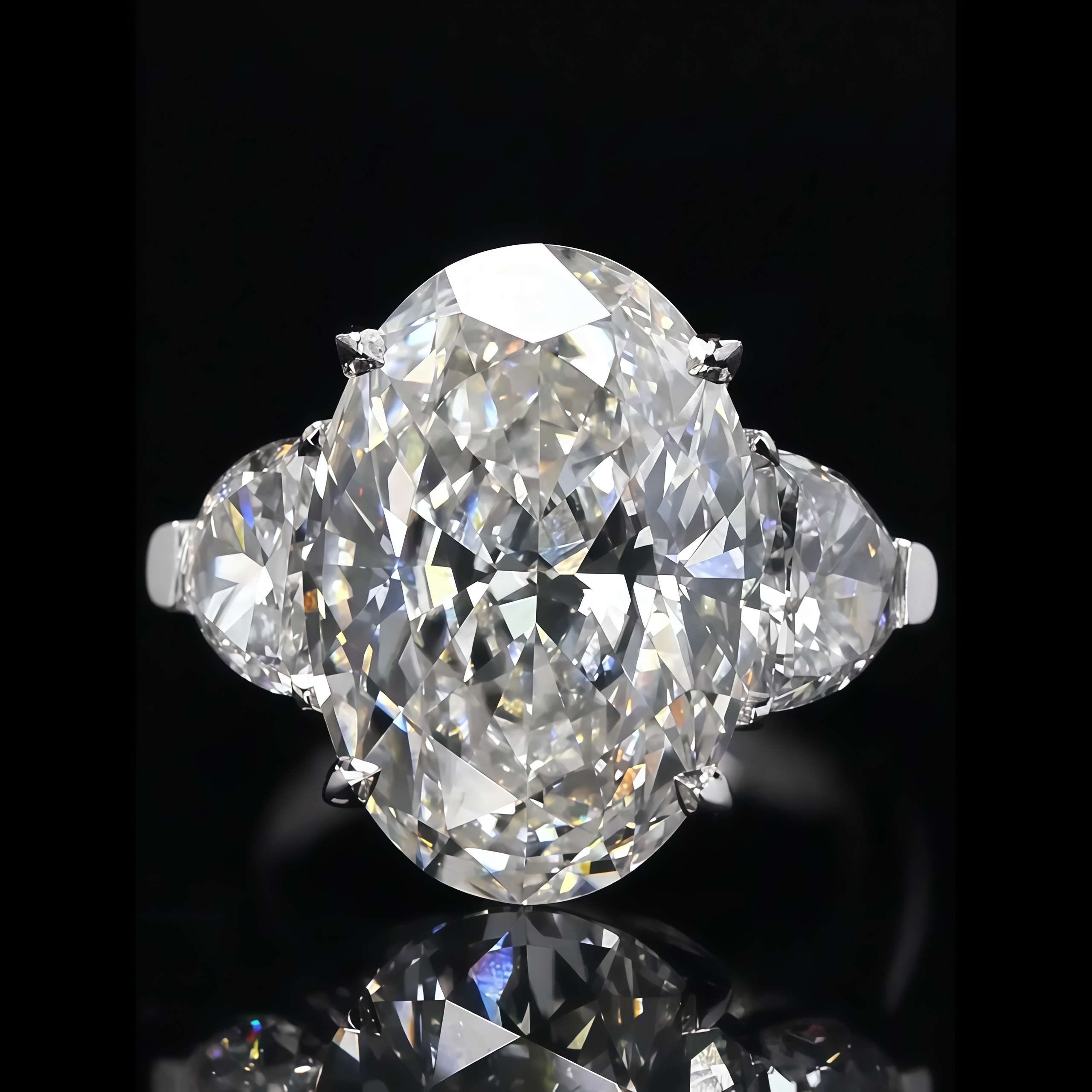 10 CT Oval and Half Moon Lab Grown Diamond Three Stone Engagement Ring