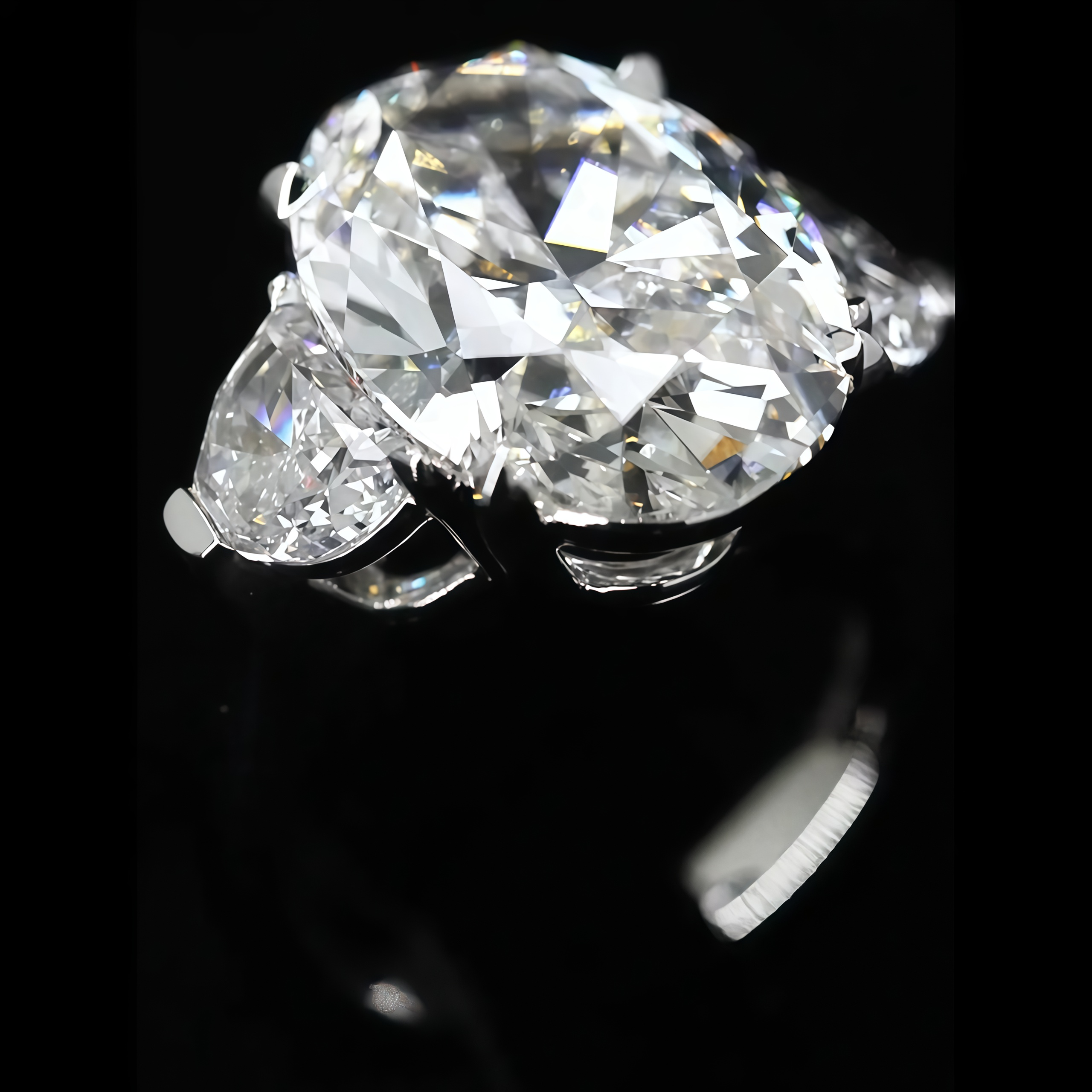 10 CT Oval and Half Moon Lab Grown Diamond Three Stone Engagement Ring