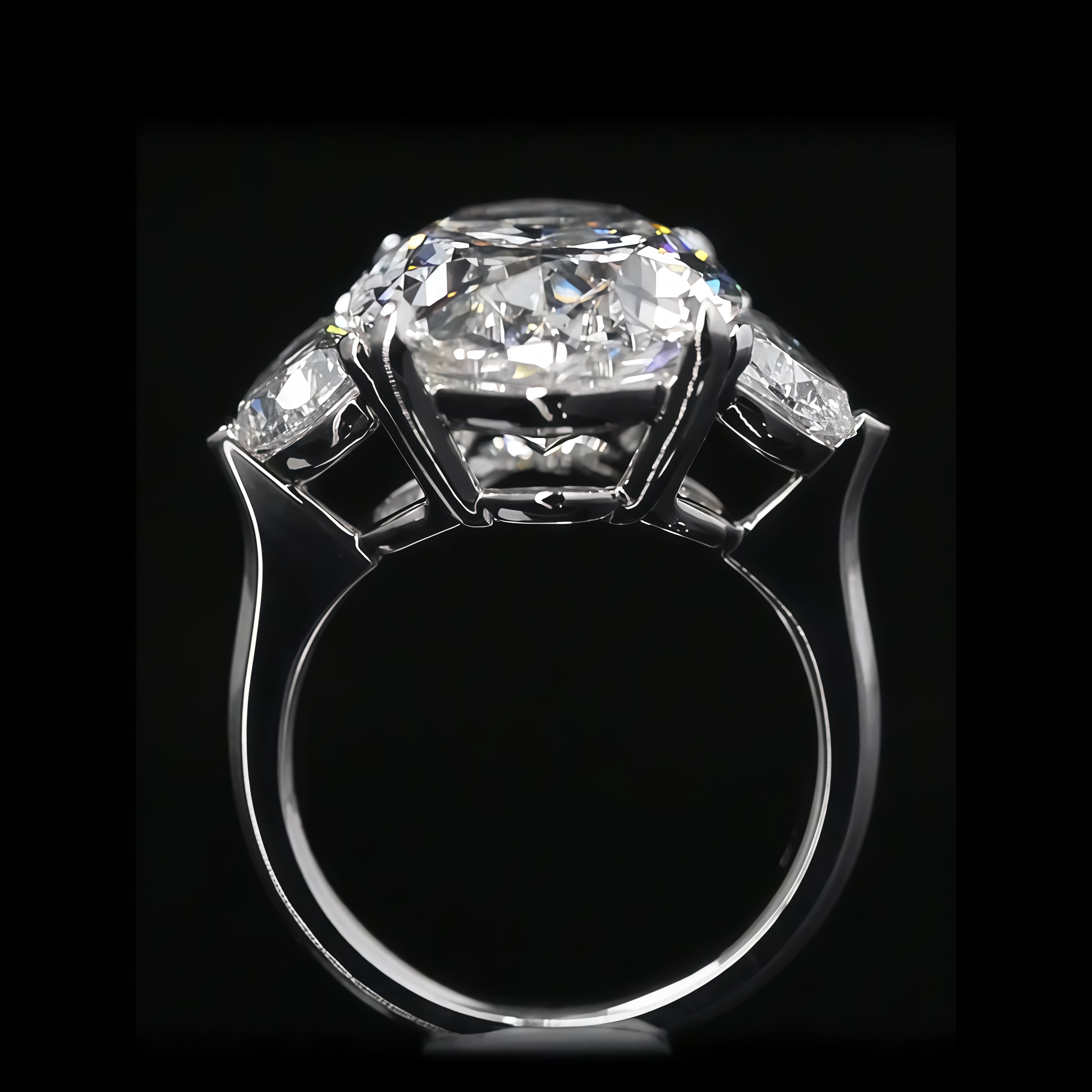 10 CT Oval and Half Moon Lab Grown Diamond Three Stone Engagement Ring