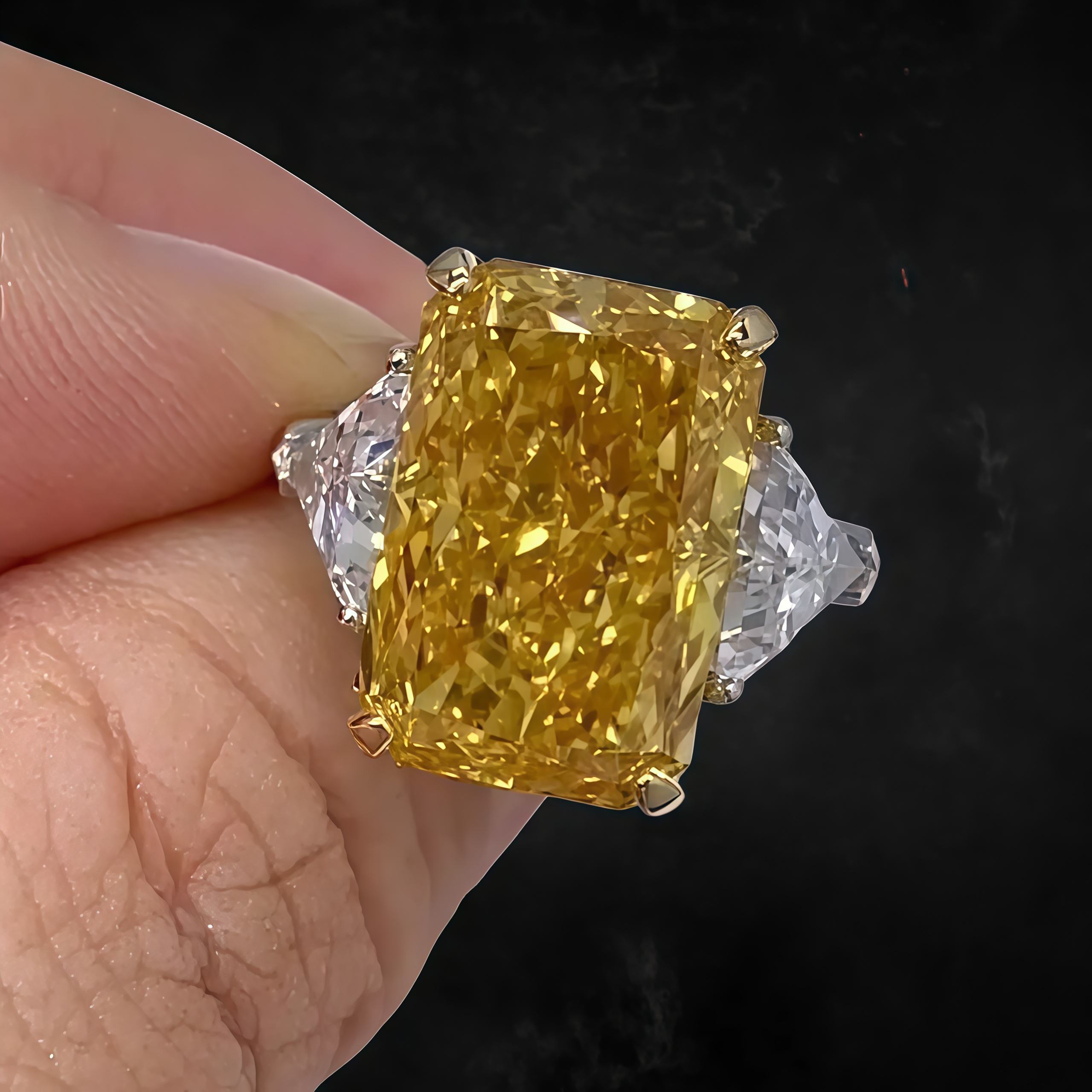 10 Carat Fancy Vivid Yellow Radiant Cut Lab Diamond Three Stones Ring