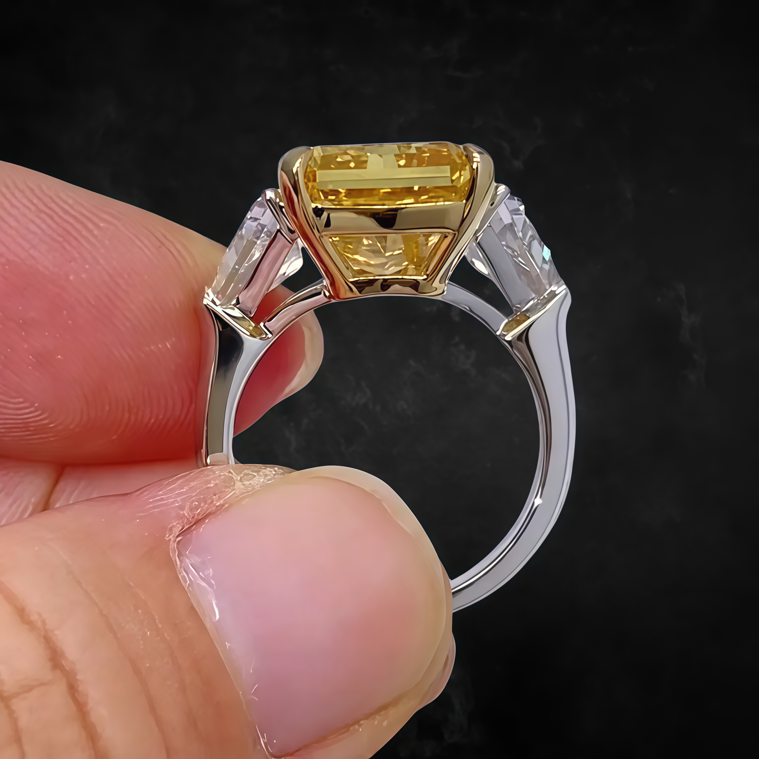 10 Carat Fancy Vivid Yellow Radiant Cut Lab Diamond Three Stones Ring
