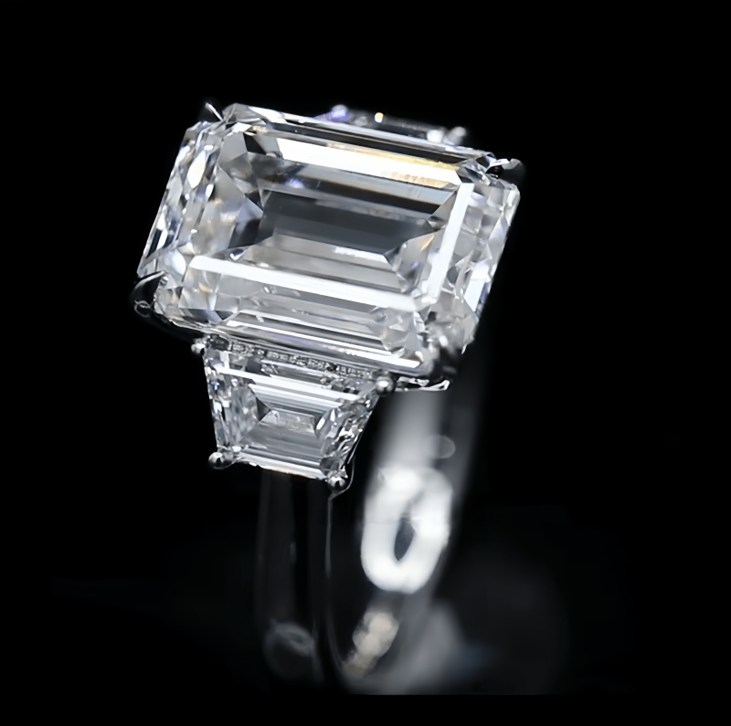 7 Carat Emerald Cut Lab Grown Diamond Side Trapezoid Three Stone Diamond Ring