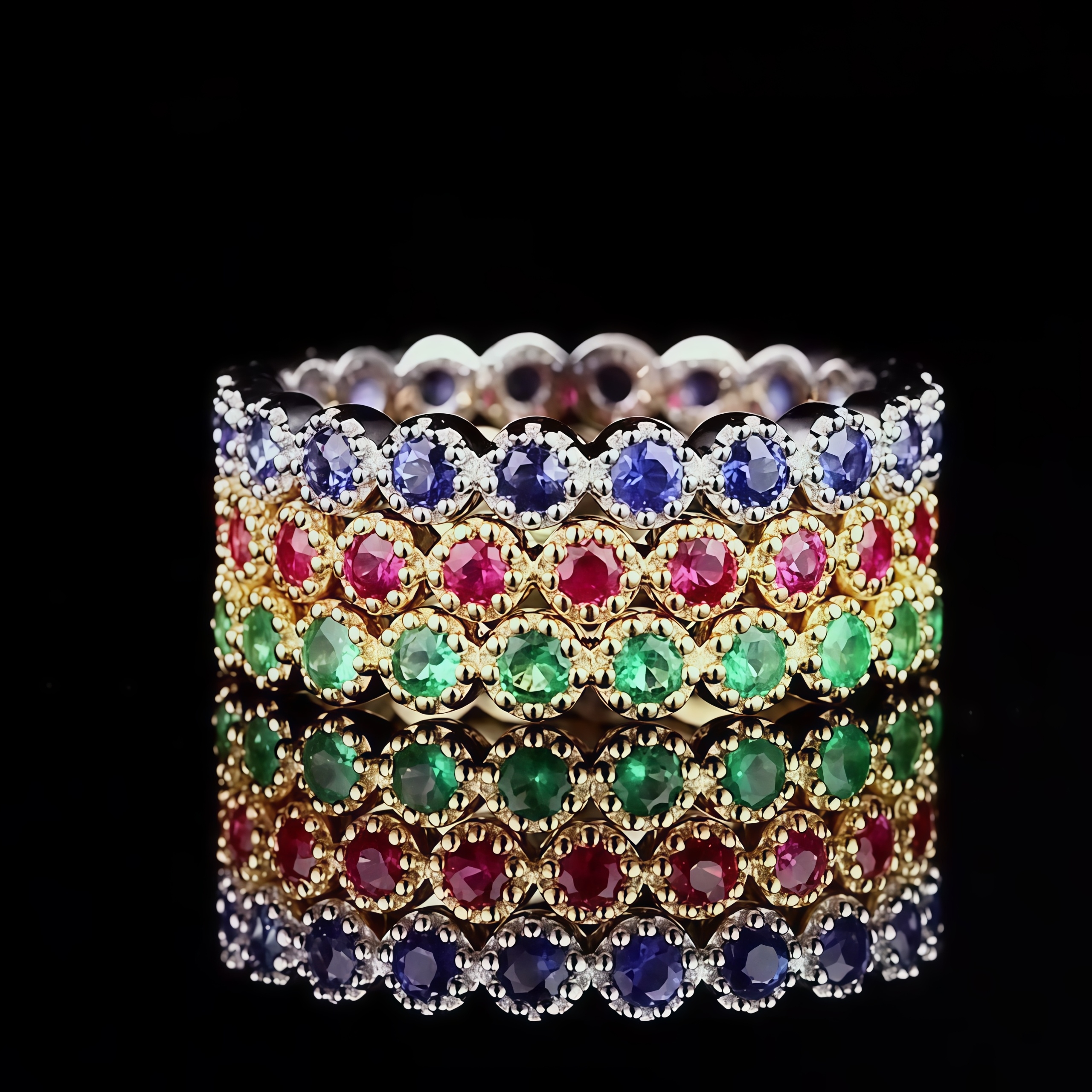 NOZBO 18K Gold Ruby, Emerald, Sapphire Band Ring