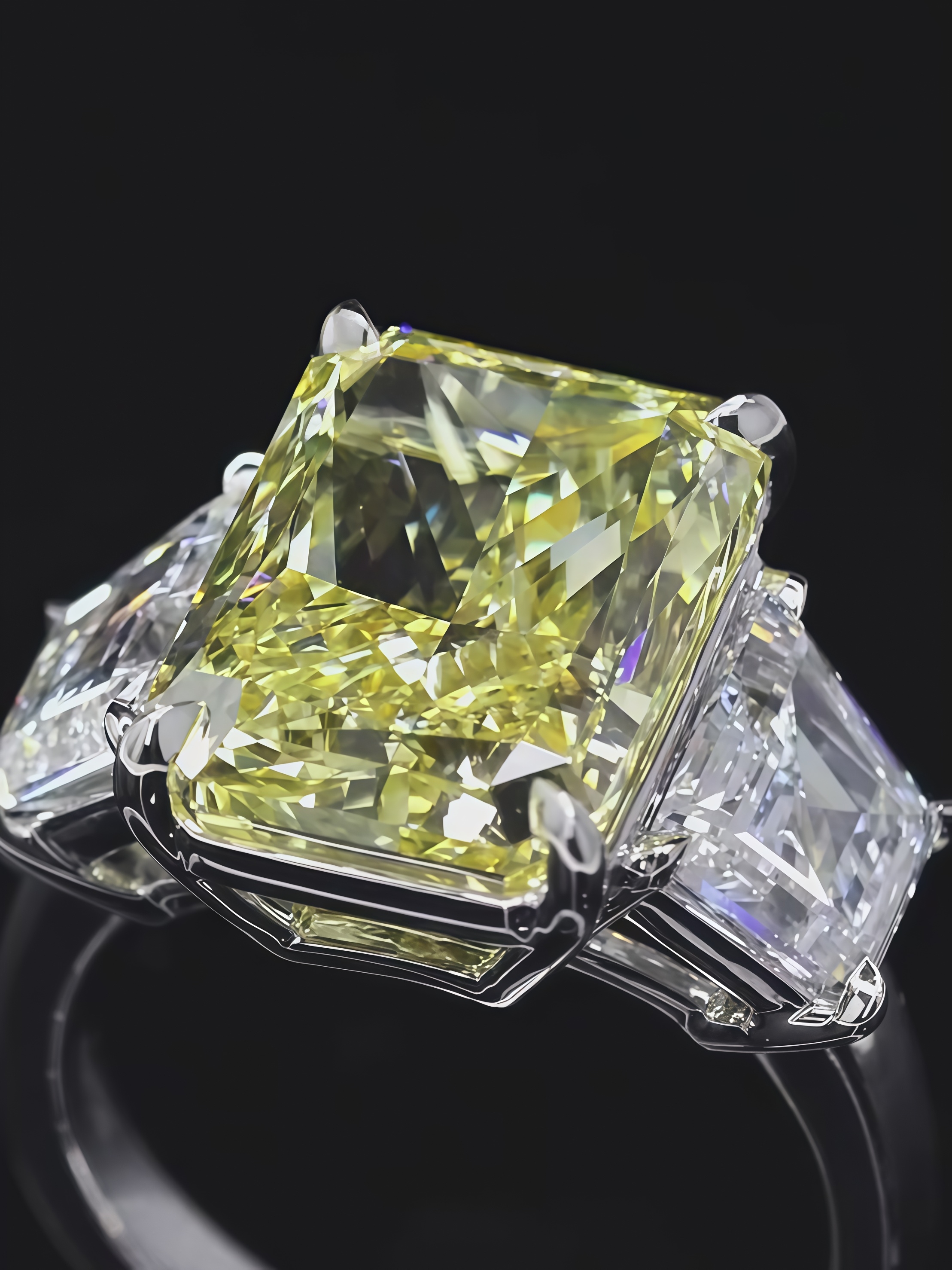 9 Carat Fancy Vivid Yellow Radiant Cut Lab Diamond Three Stones Ring
