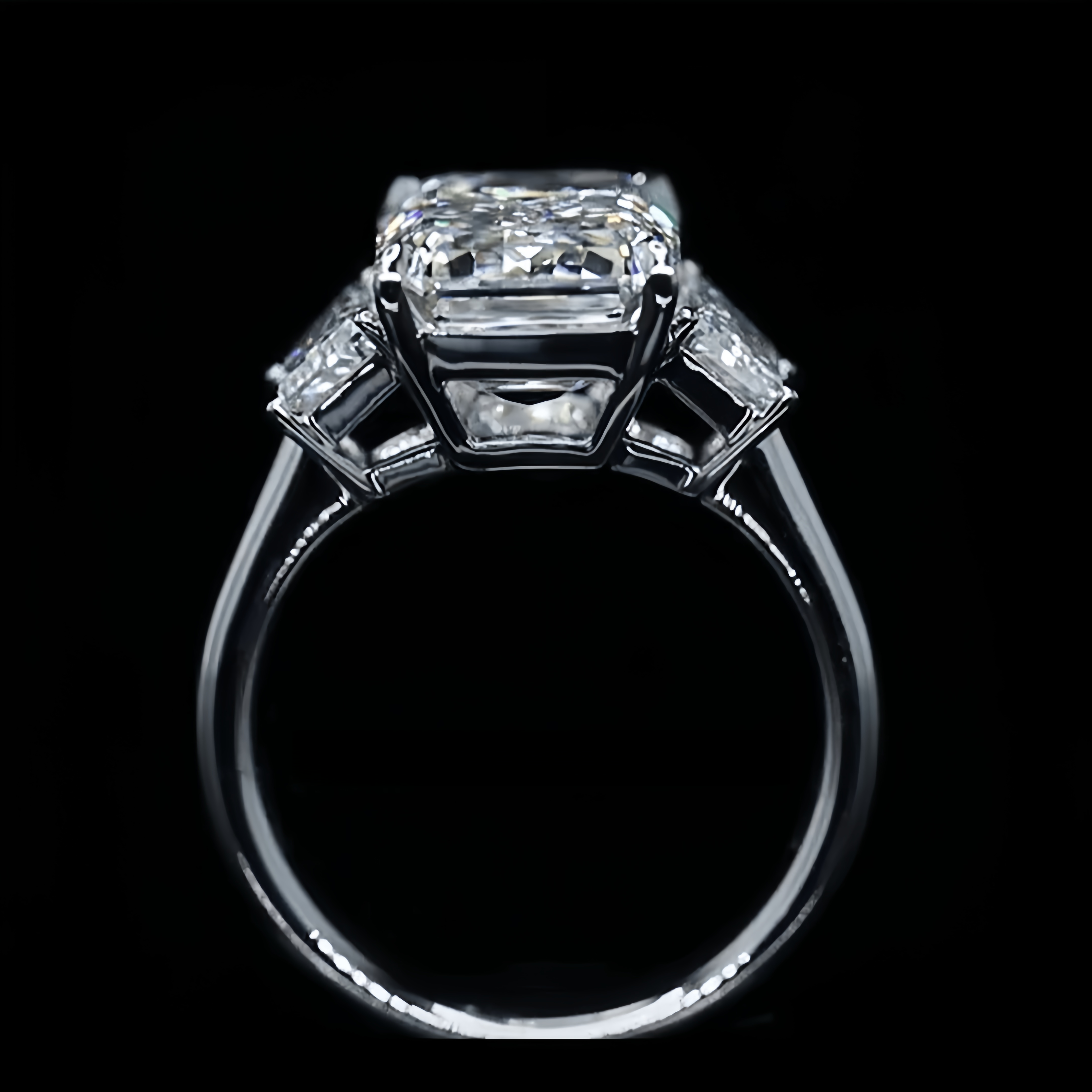 7 Carat Emerald Cut Lab Grown Diamond Side Trapezoid Three Stone Diamond Ring