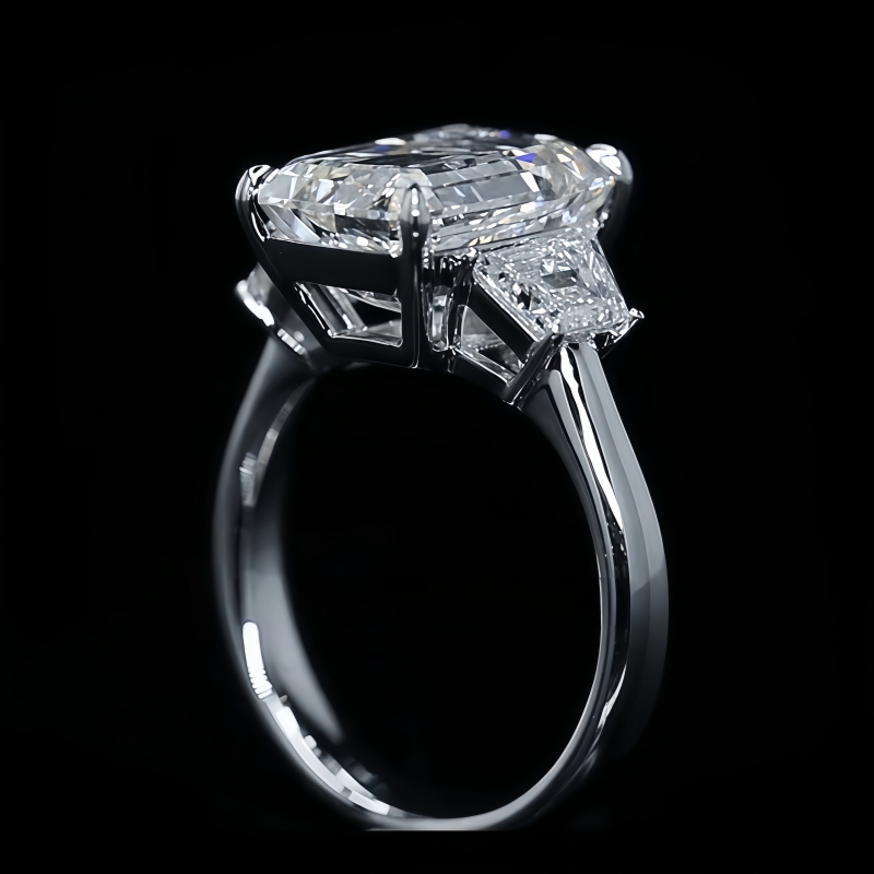 7 Carat Emerald Cut Lab Grown Diamond Side Trapezoid Three Stone Diamond Ring
