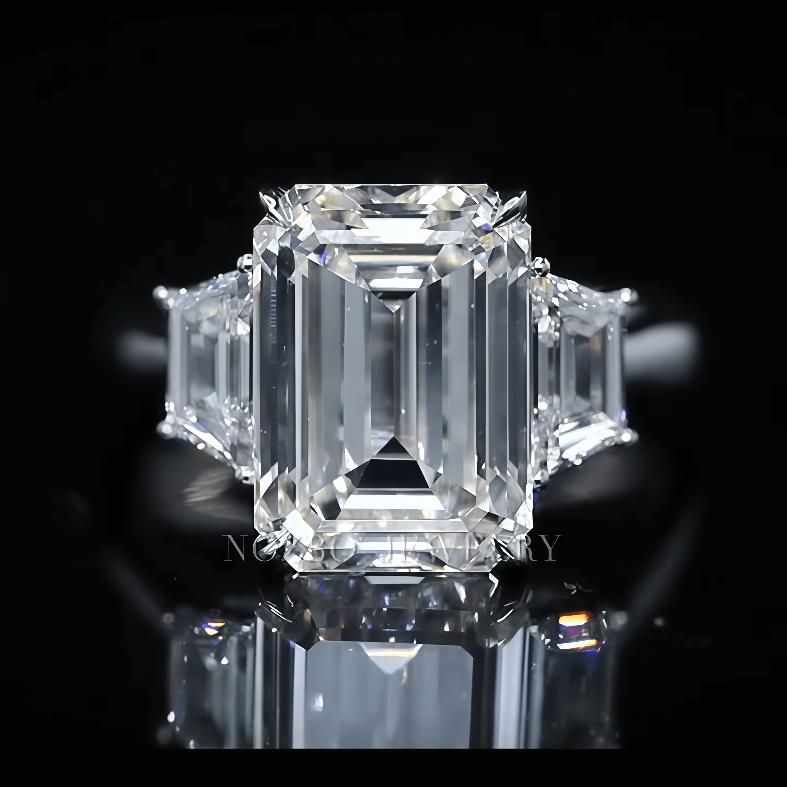 7 Carat Emerald Cut Lab Grown Diamond Side Trapezoid Three Stone Diamond Ring