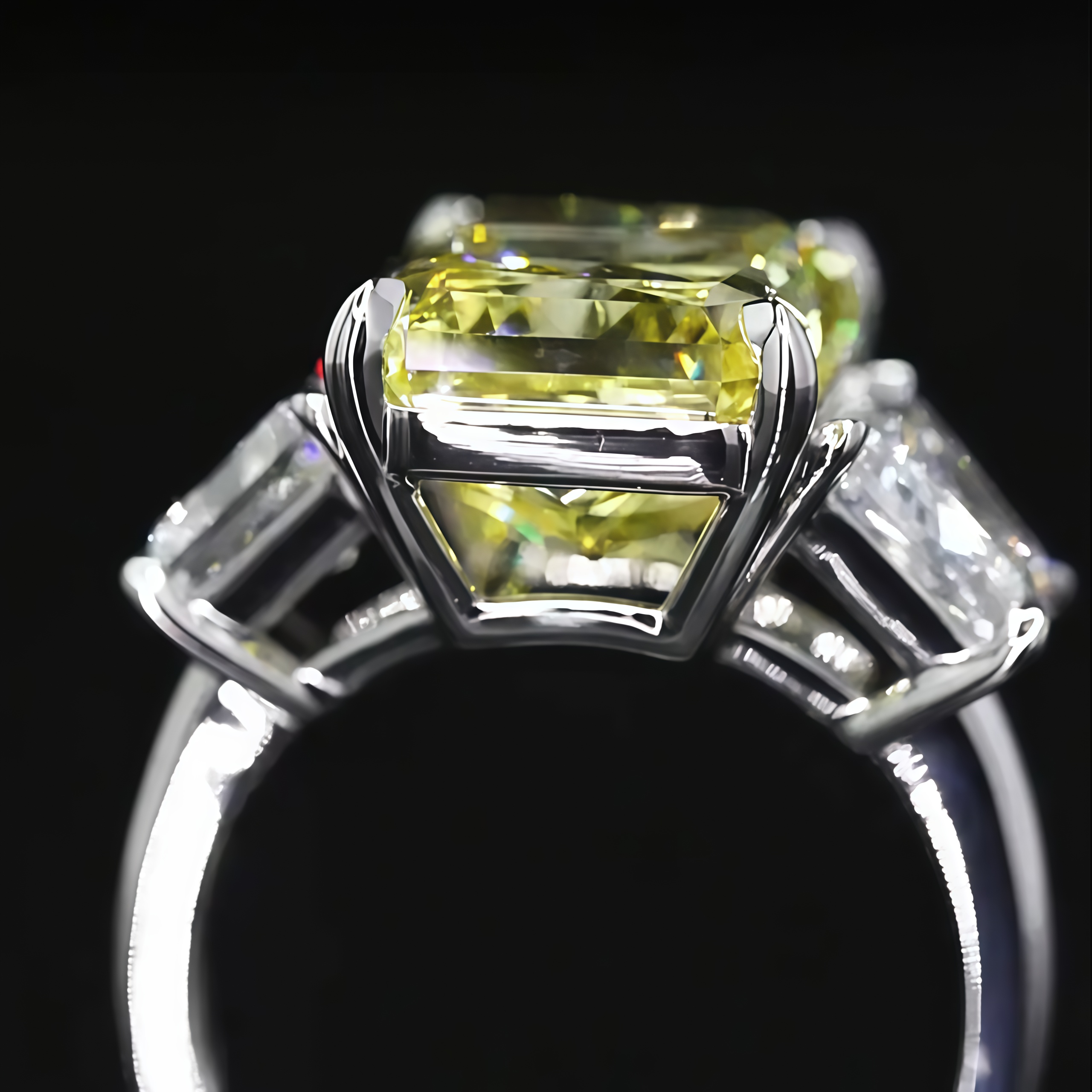 9 Carat Fancy Vivid Yellow Radiant Cut Lab Diamond Three Stones Ring