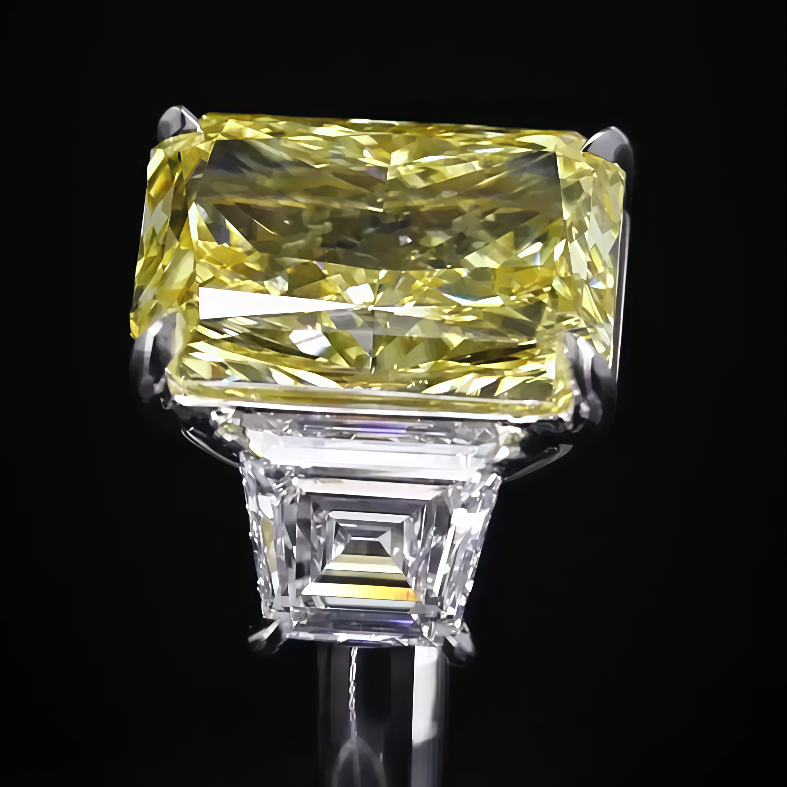 9 Carat Fancy Vivid Yellow Radiant Cut Lab Diamond Three Stones Ring