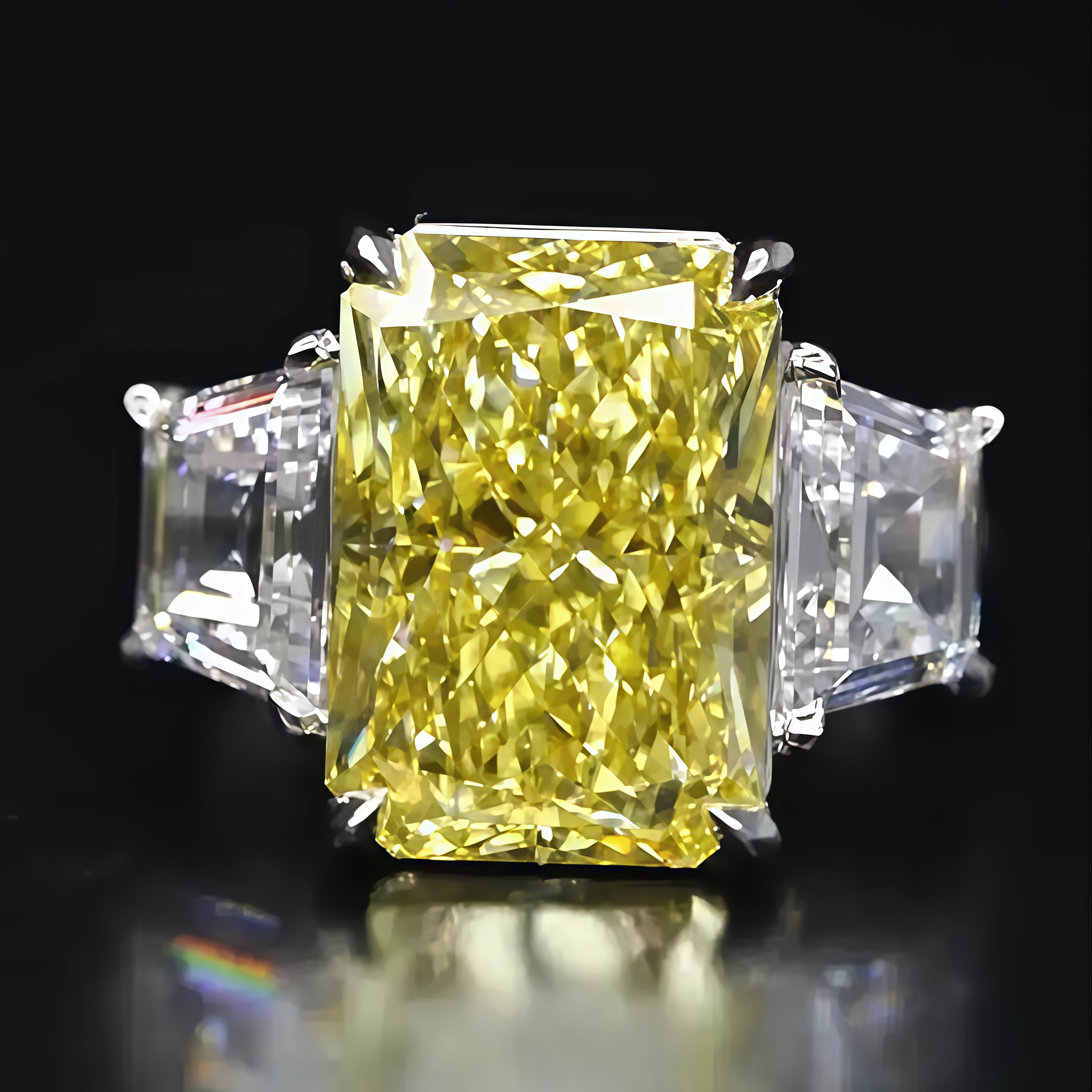 9 Carat Fancy Vivid Yellow Radiant Cut Lab Diamond Three Stones Ring