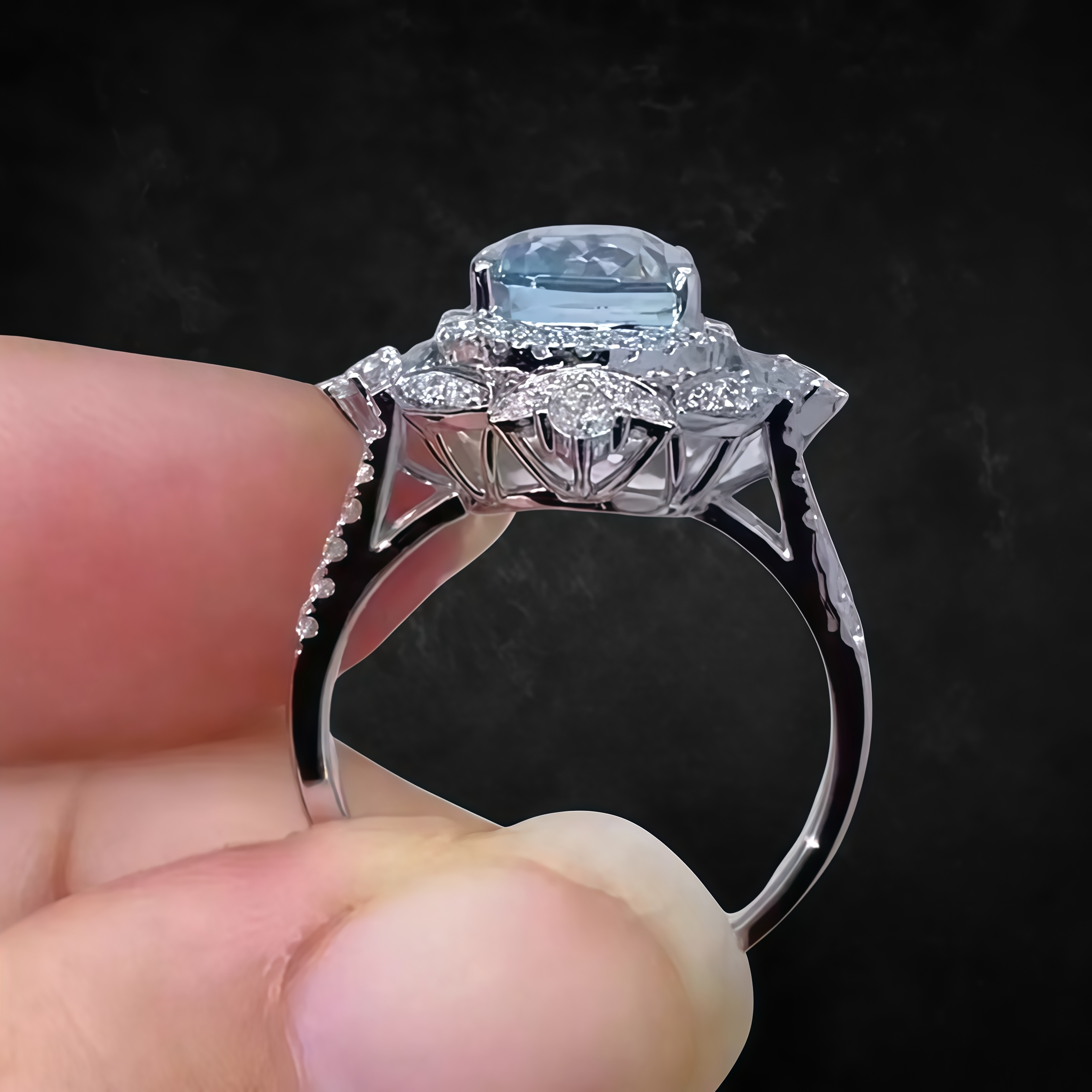 Aquamarine Lab-Grown Diamond Ring In 18K Gold