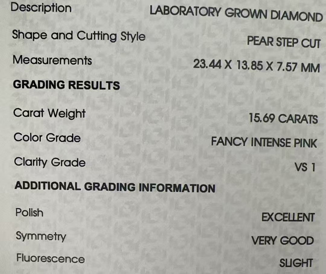 15.69 CARATS FANCY INTENSE PINK PEAR STEP CUT LAB-GROWN DIAMOND