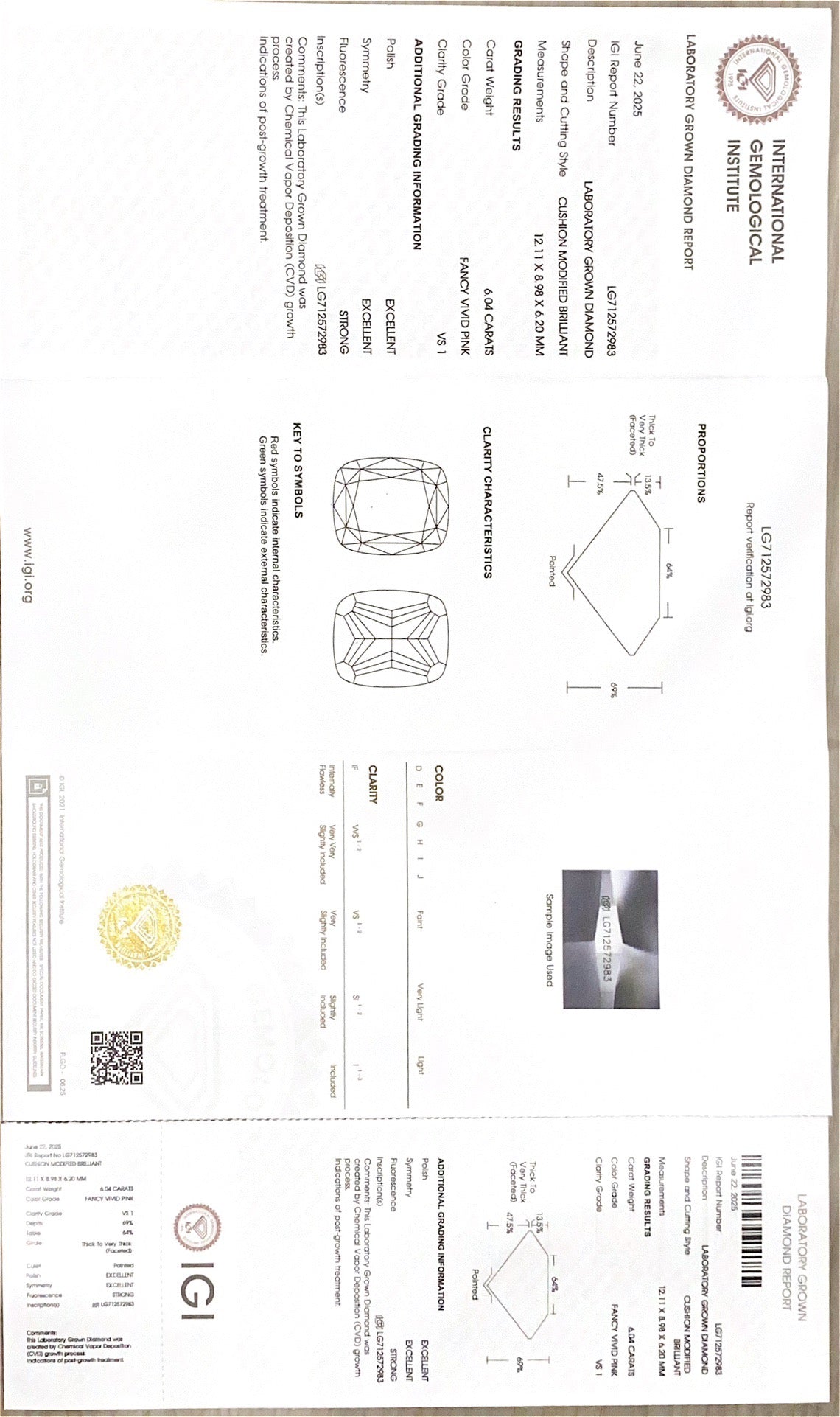 6.04 CARAT FANCY VIVID PINK CUSHION MODIFIED BRILLIANT CUT LAB DIAMOND