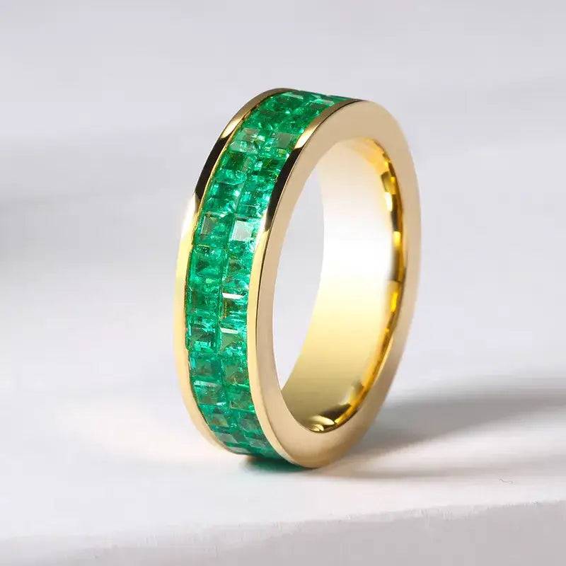 Double Row Invisible Set Natural Emerald Ring