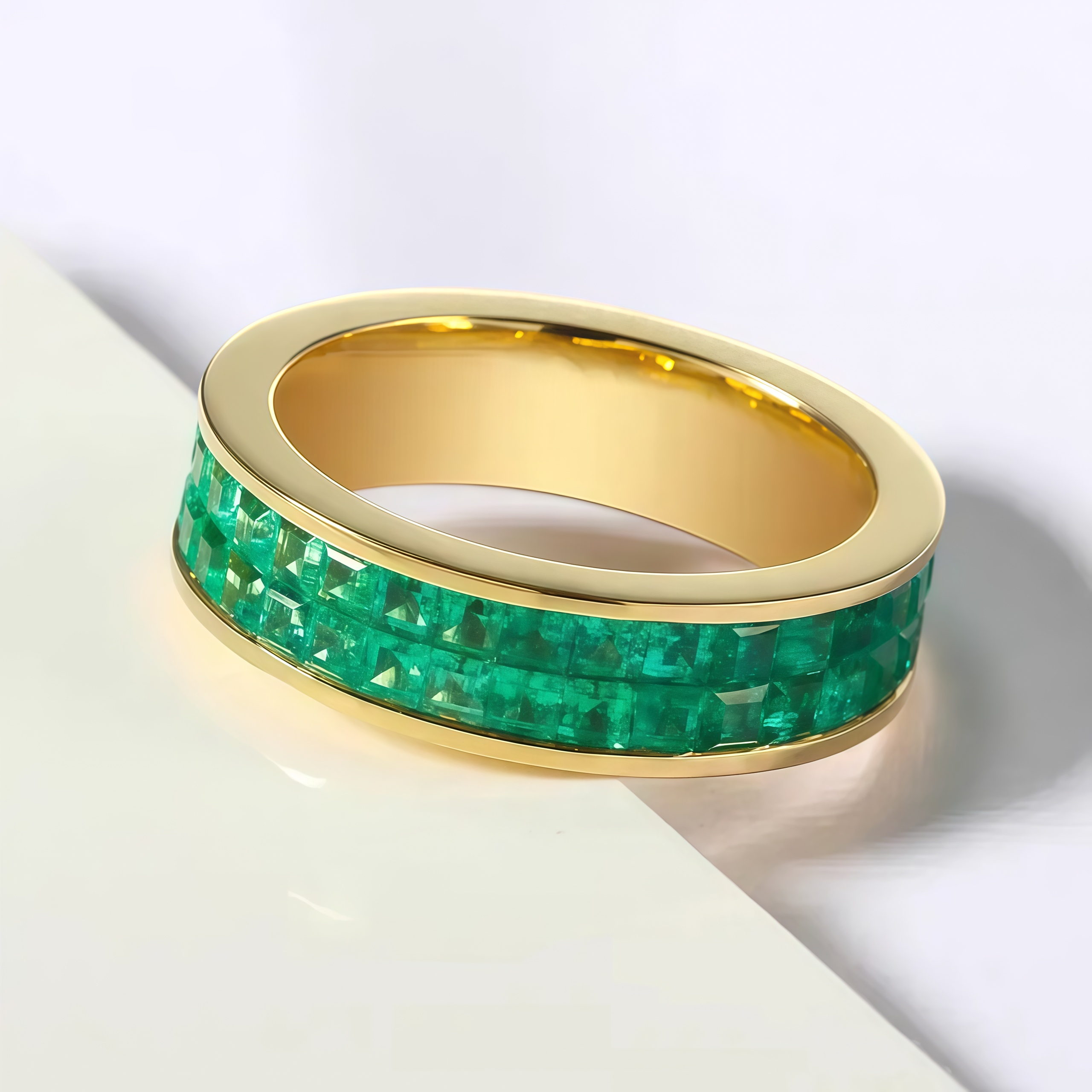 Double Row Invisible Set Natural Emerald Ring