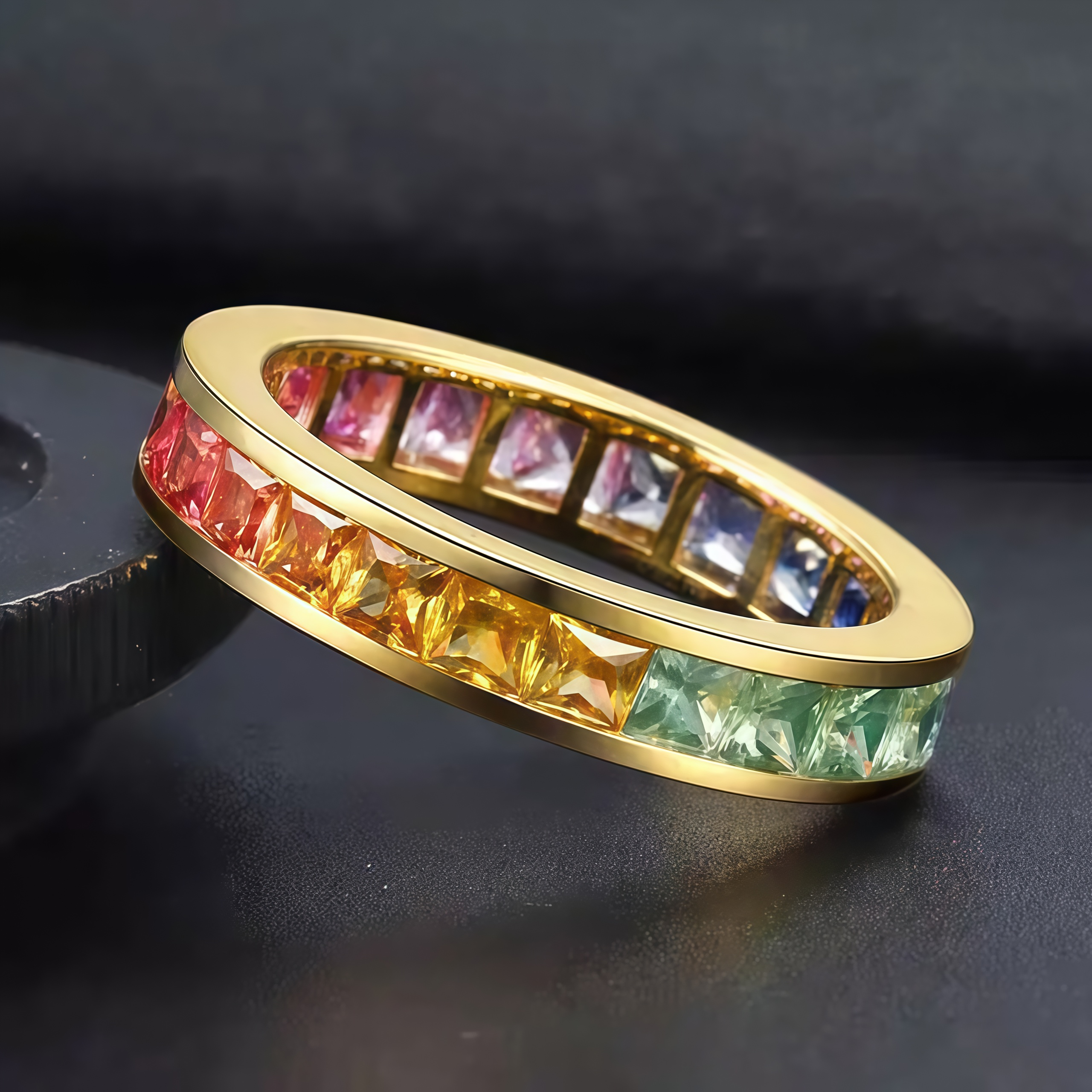 NOZBO 18K Colored Sapphire Rainbow Gradient Ring