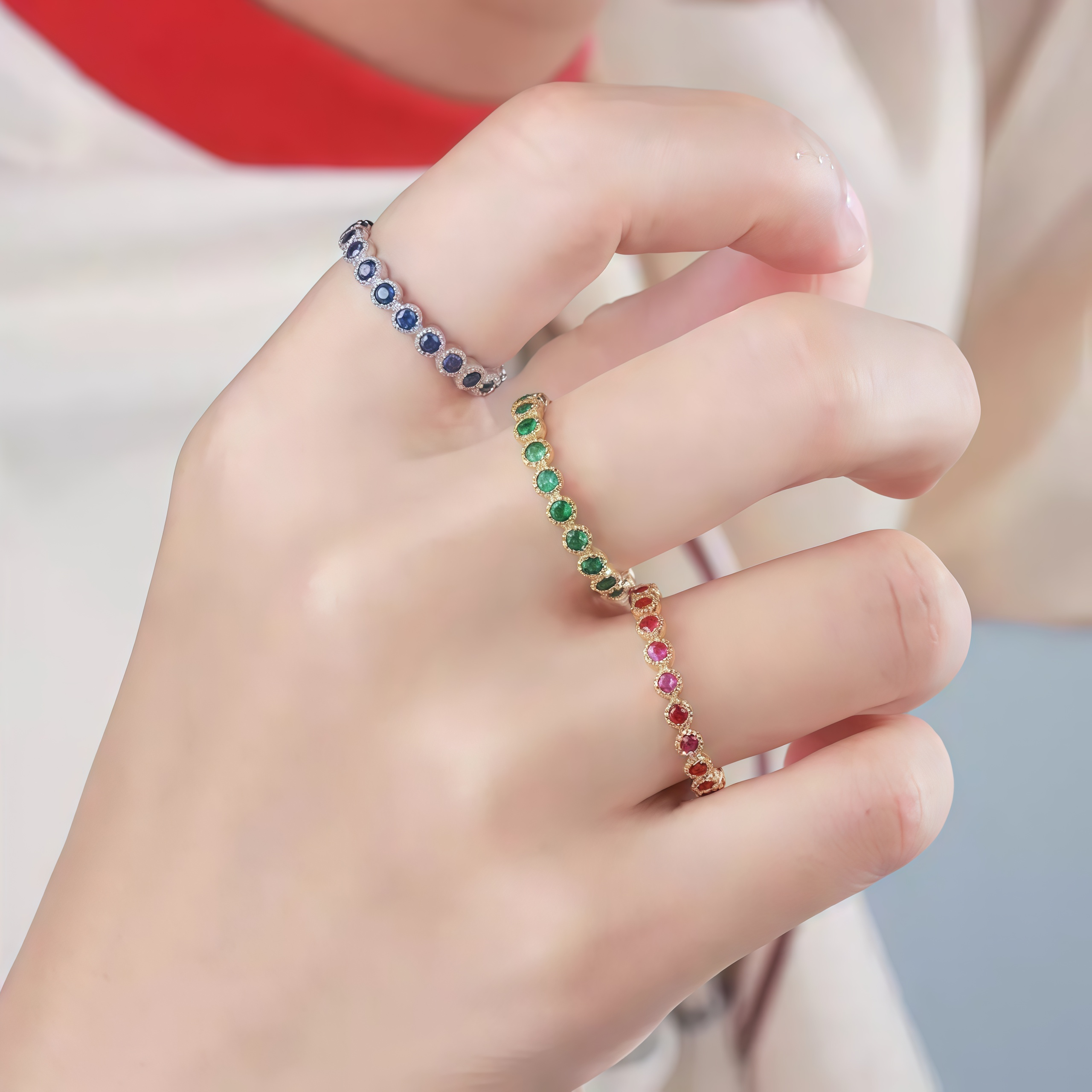 NOZBO 18K Gold Ruby, Emerald, Sapphire Band Ring