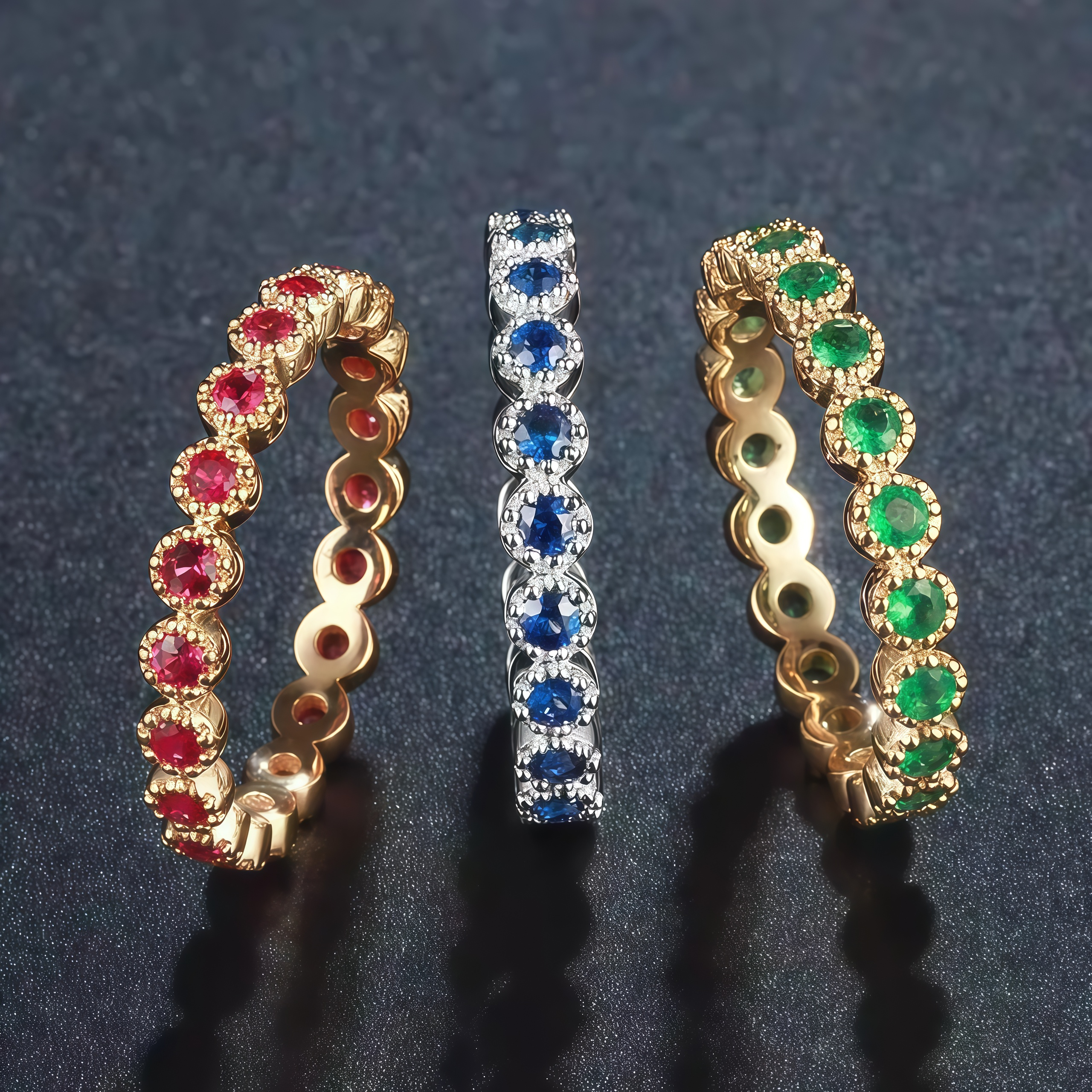 NOZBO 18K Gold Ruby, Emerald, Sapphire Band Ring