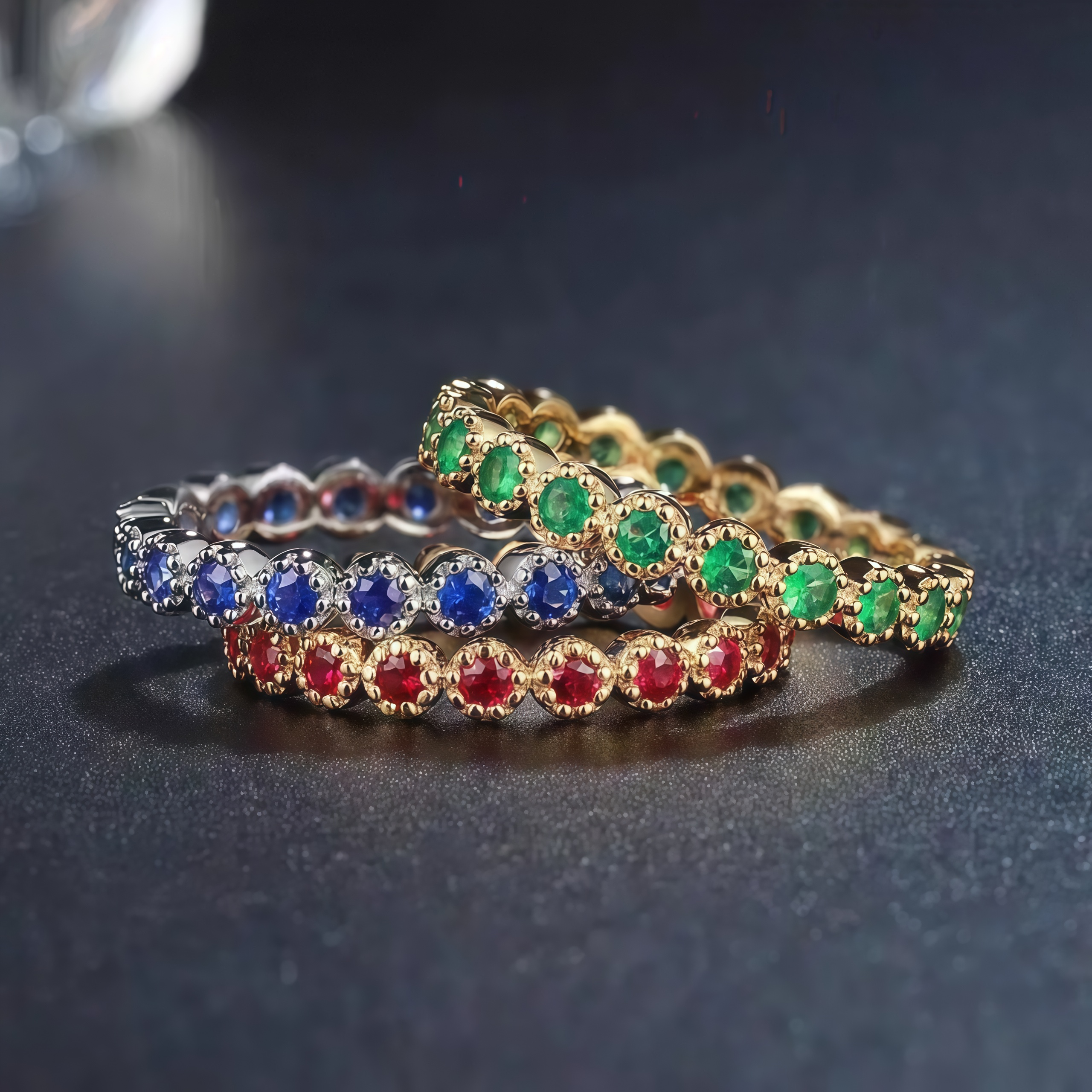 NOZBO 18K Gold Ruby, Emerald, Sapphire Band Ring
