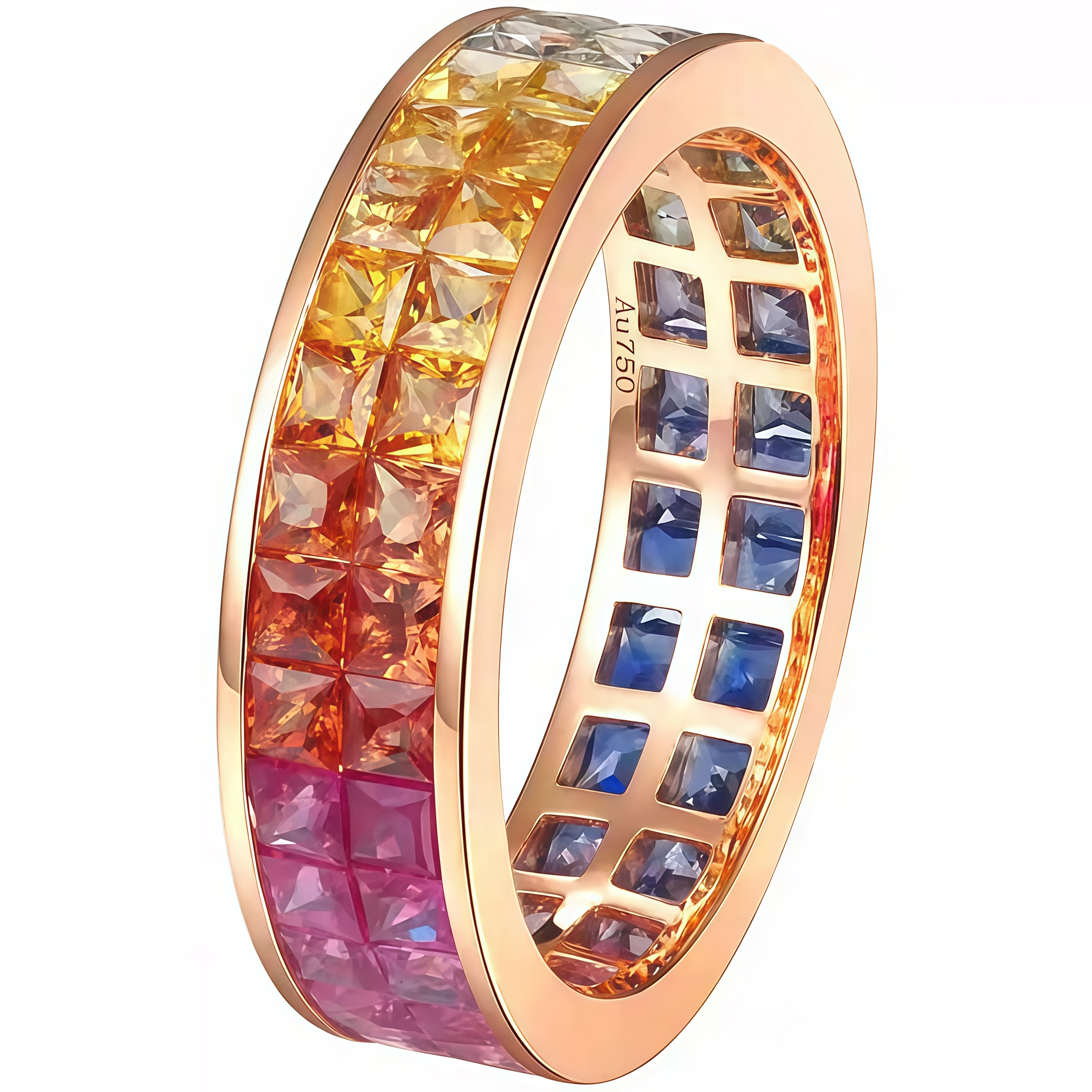 Double Row Rainbow Sapphire Invisible-Set Ring 18K Rose Gold
