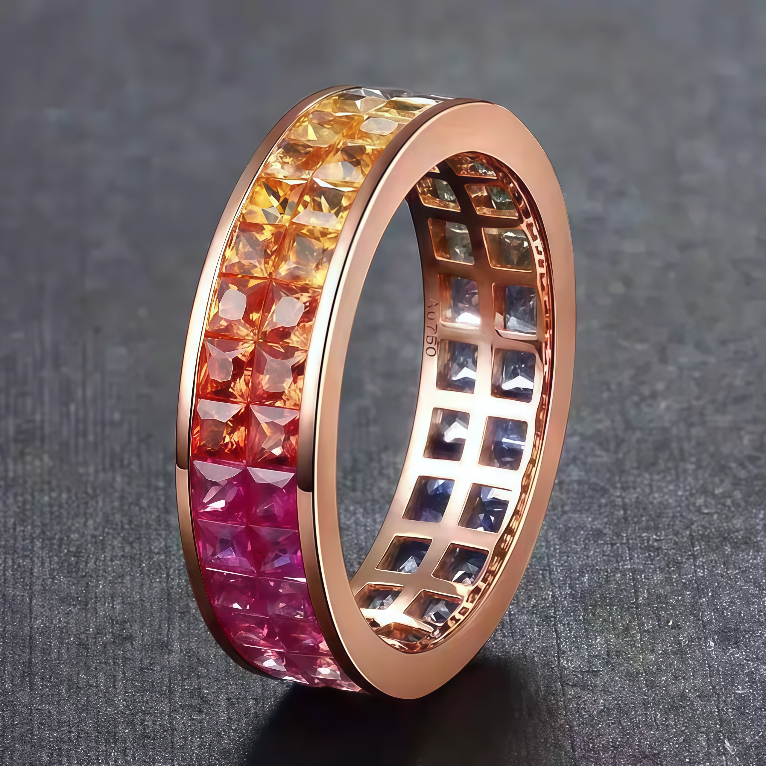 Double Row Rainbow Sapphire Invisible-Set Ring 18K Rose Gold