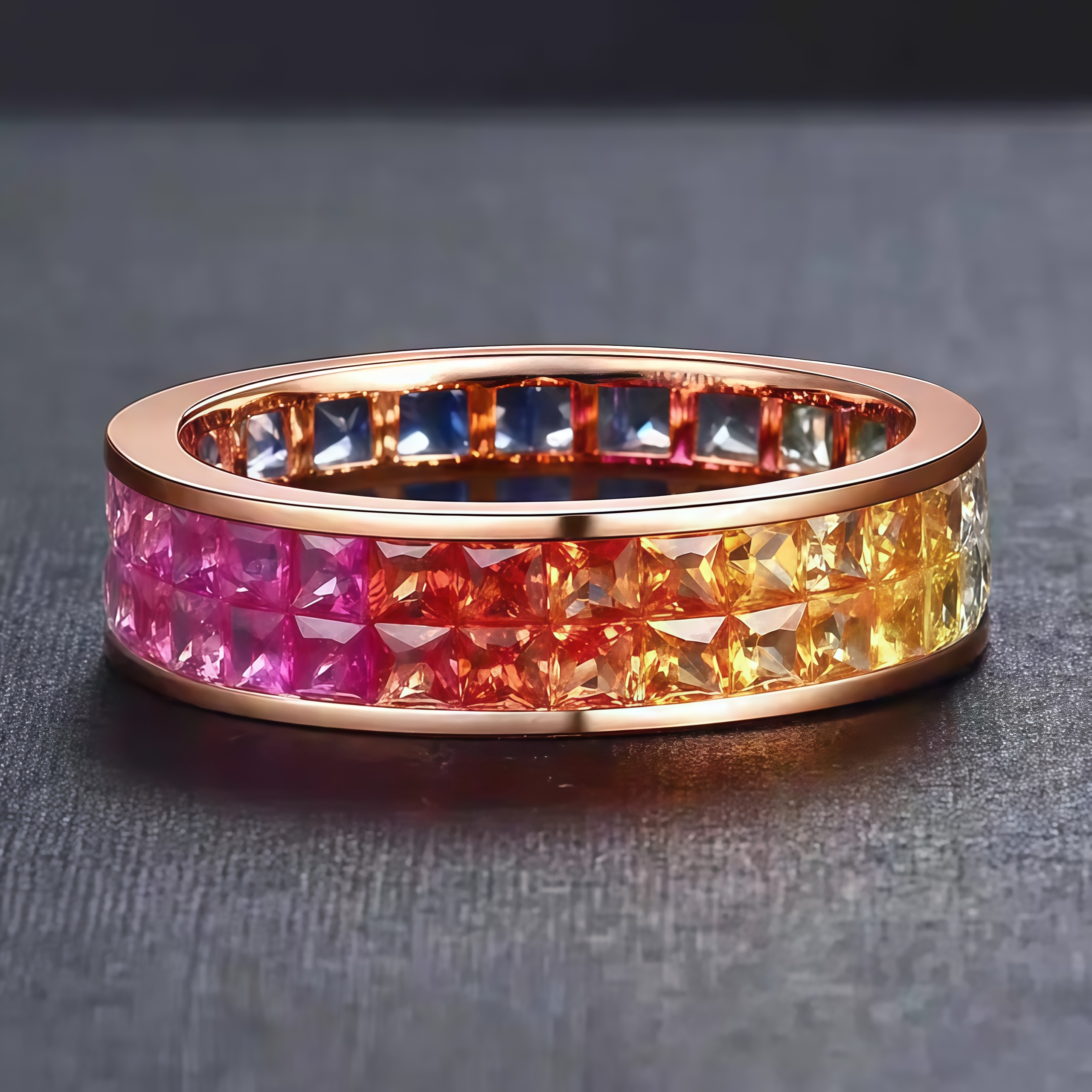 Double Row Rainbow Sapphire Invisible-Set Ring 18K Rose Gold