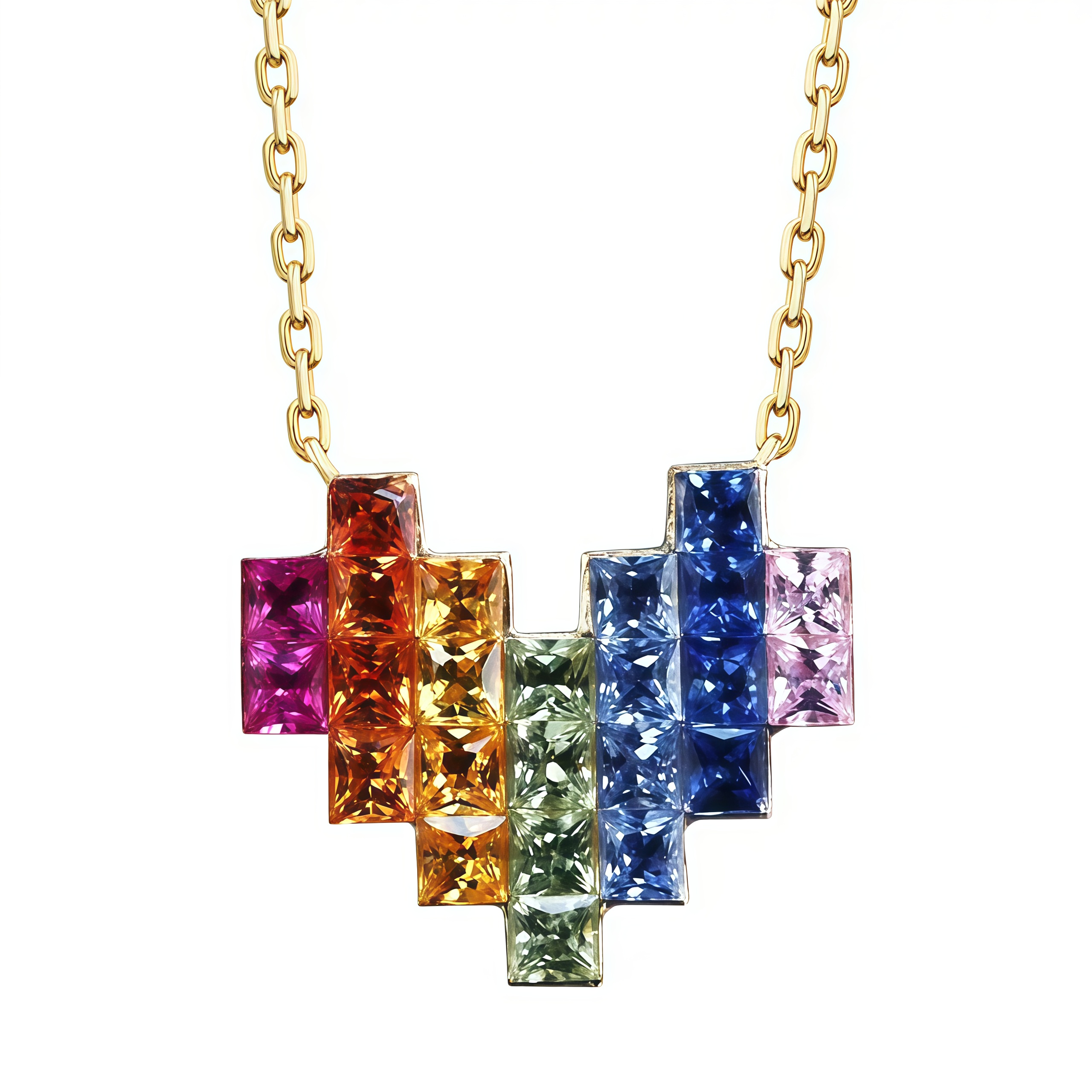  Invisible Set Heart Necklace with Natural Rainbow Sapphires in 18K Gold