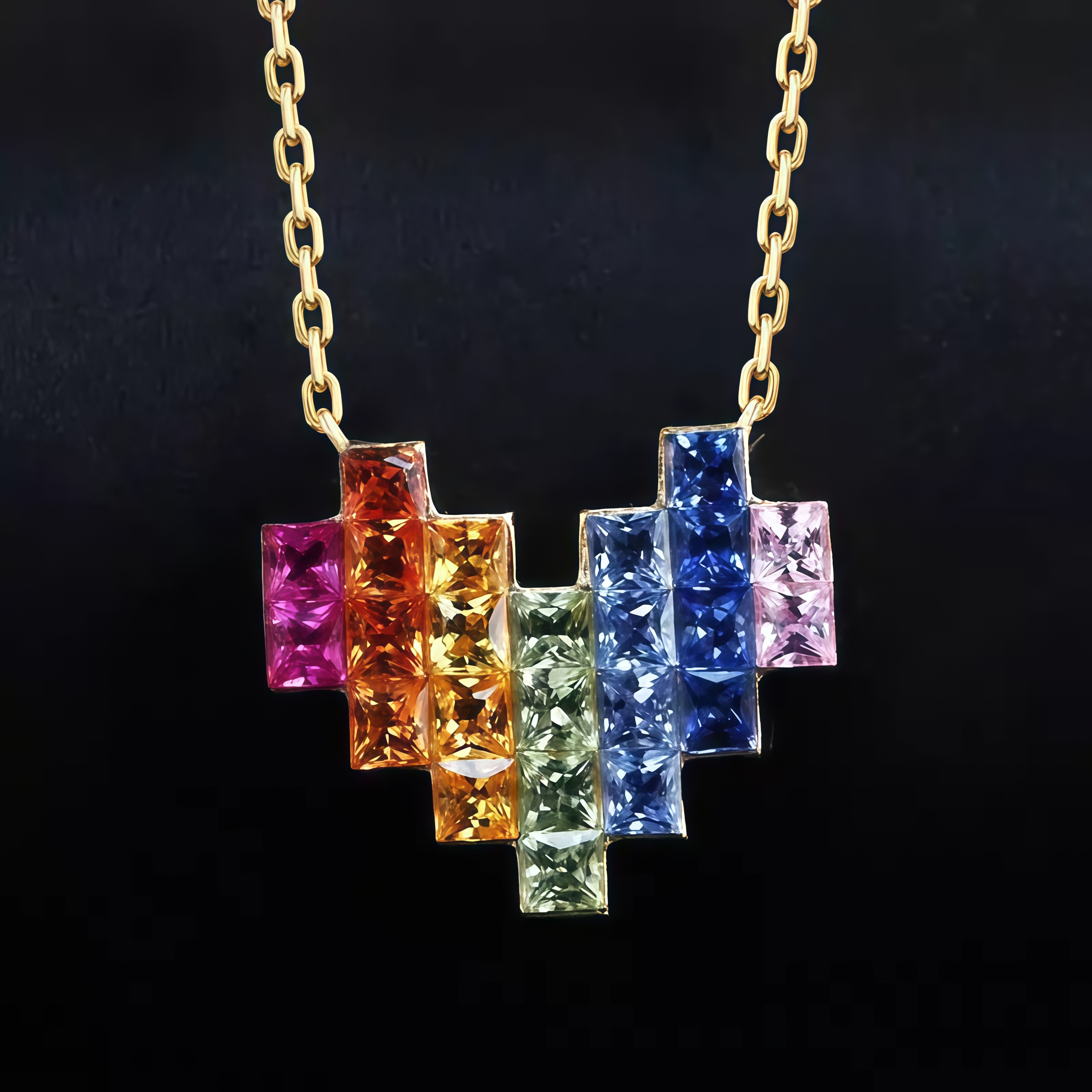  Invisible Set Heart Necklace with Natural Rainbow Sapphires in 18K Gold