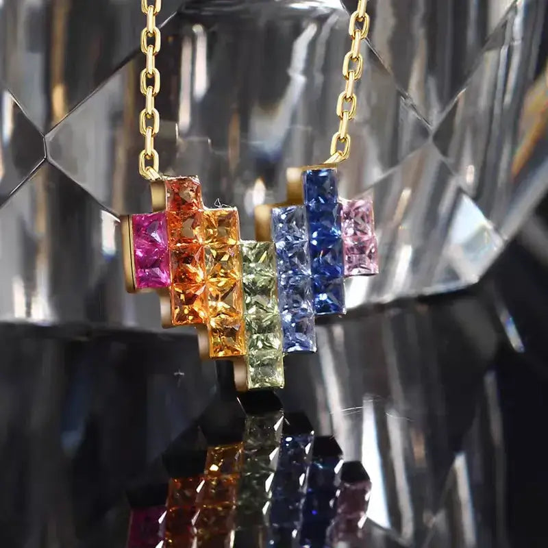  Invisible Set Heart Necklace with Natural Rainbow Sapphires in 18K Gold