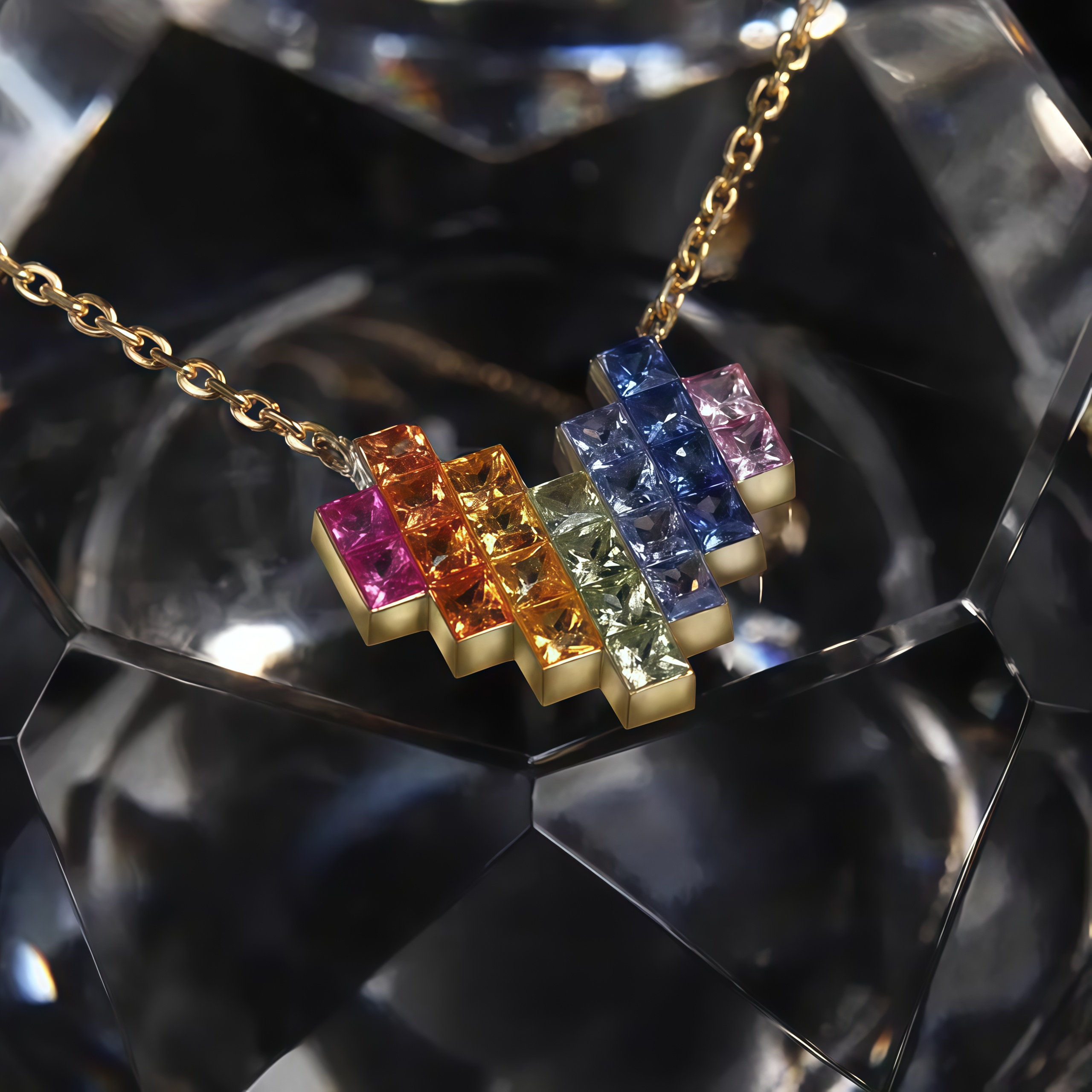  Invisible Set Heart Necklace with Natural Rainbow Sapphires in 18K Gold