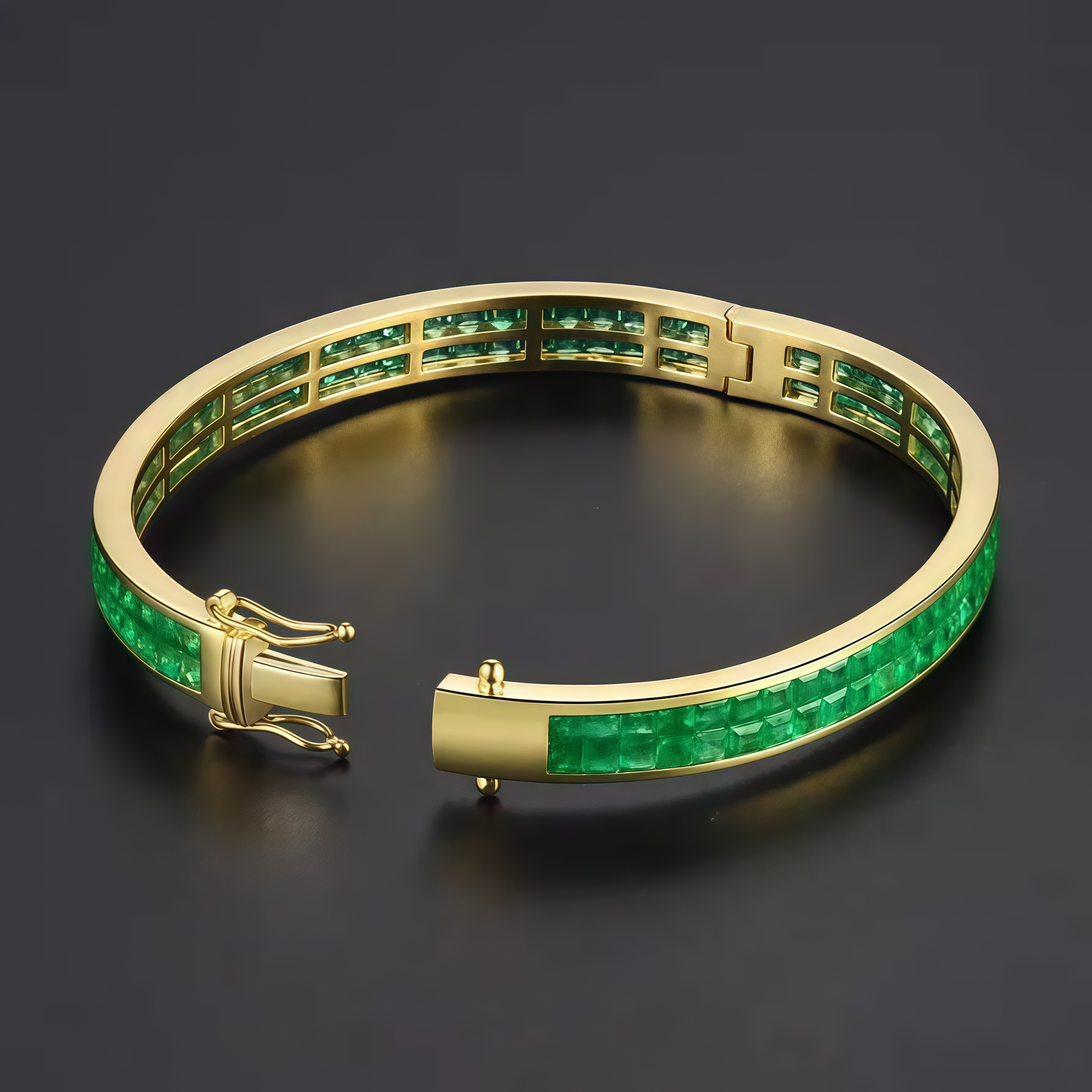  Invisible Set Natural Emerald Double Row Luxury Bangle in 18K Gold