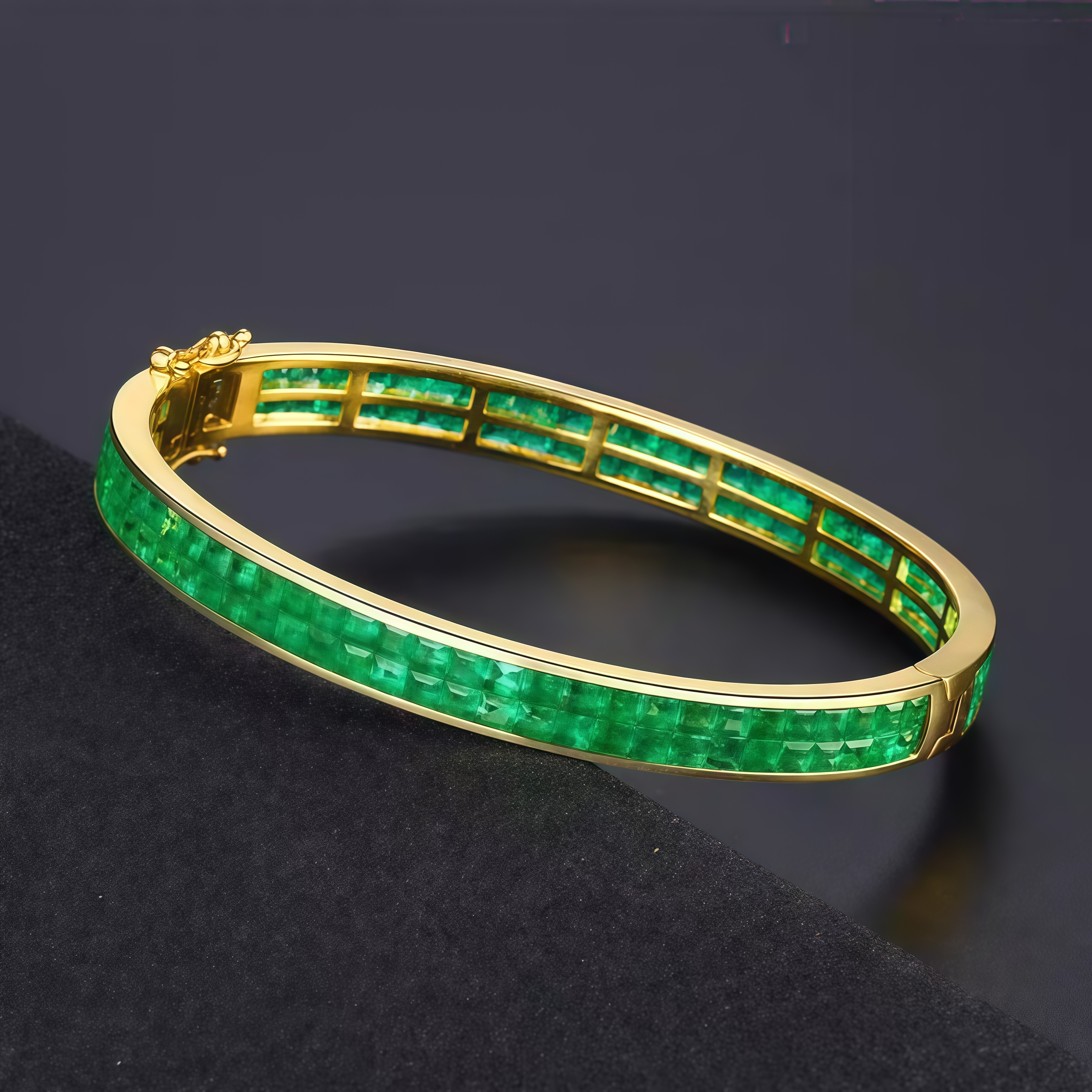  Invisible Set Natural Emerald Double Row Luxury Bangle in 18K Gold