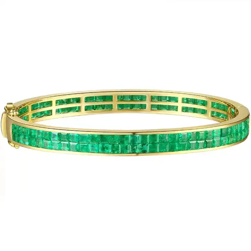  Invisible Set Natural Emerald Double Row Luxury Bangle in 18K Gold