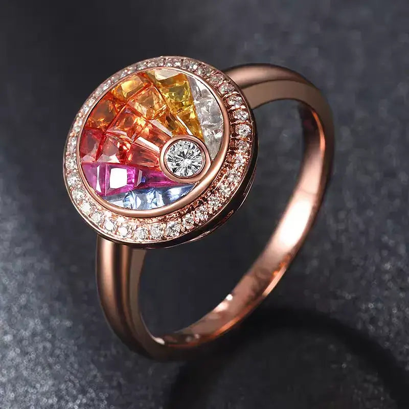 NOZBO Invisible Set Natural Rainbow Sapphire Statement Ring 18K Rose Gold