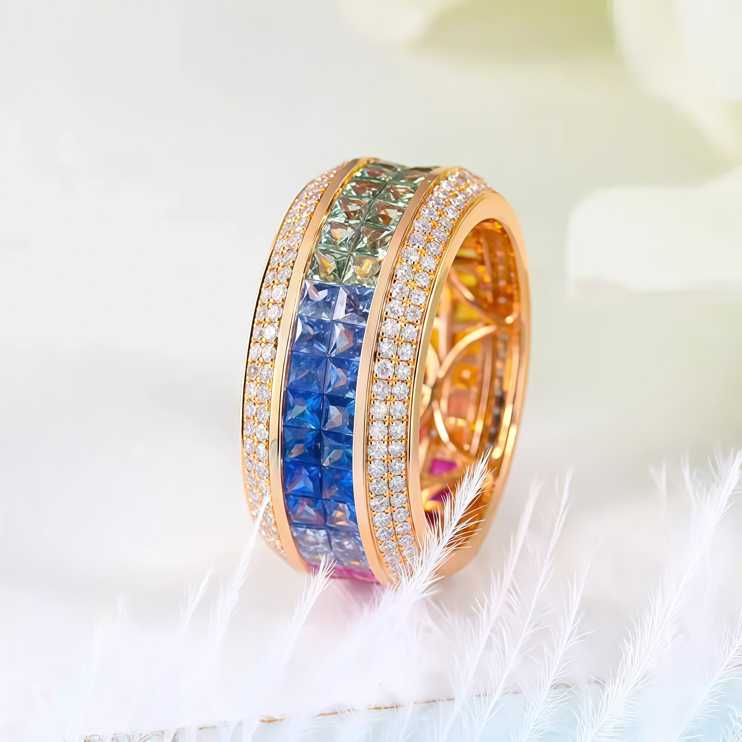 Natural Sapphire Rainbow Band Invisible-Setting with Diamonds in 18K Gold